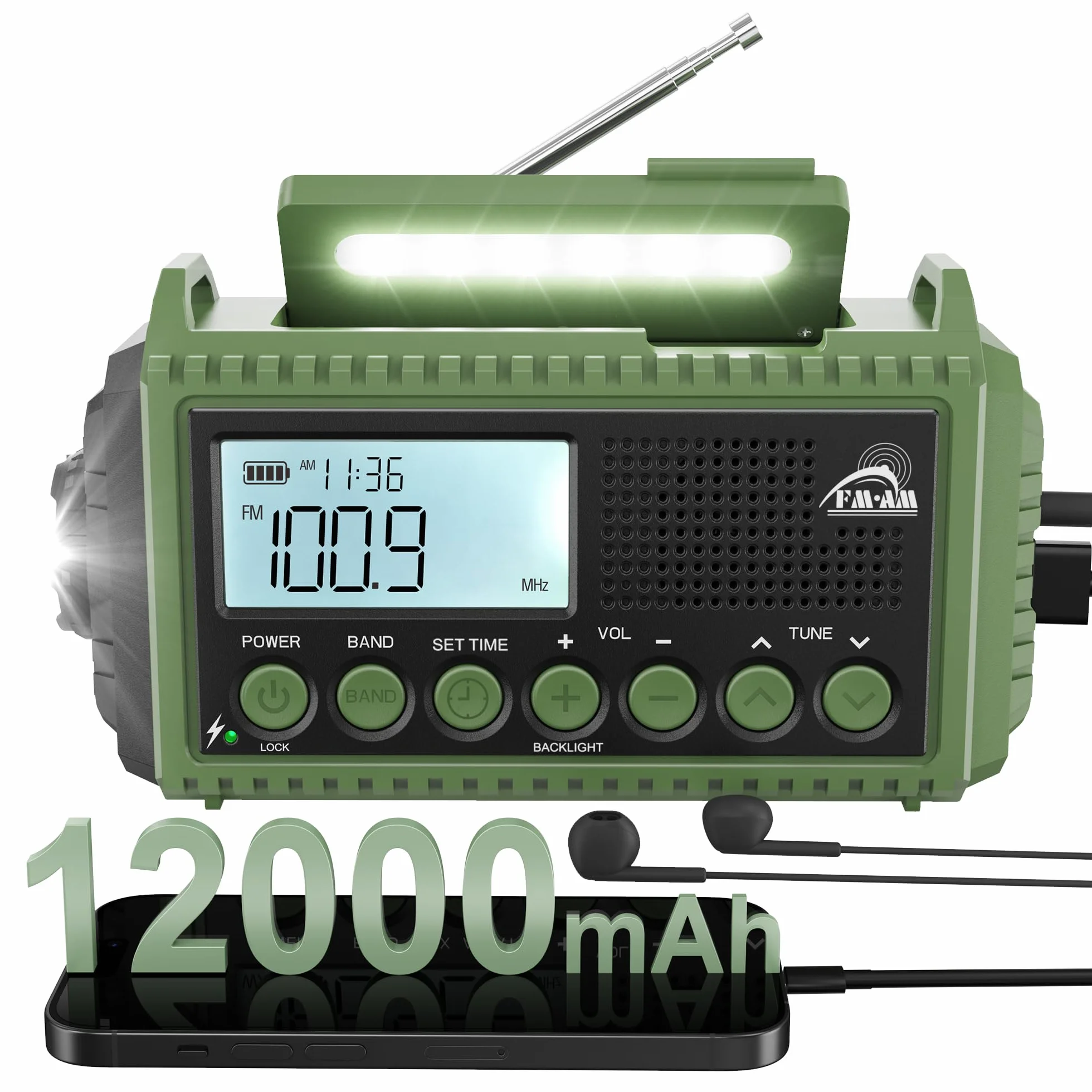 Radio Solaire FM/AM Portable 12000mAh Batterie Rechargeable d'Urgence avec Manivelle Lampe de Poche Chargeur Téléphone Alarme SOS