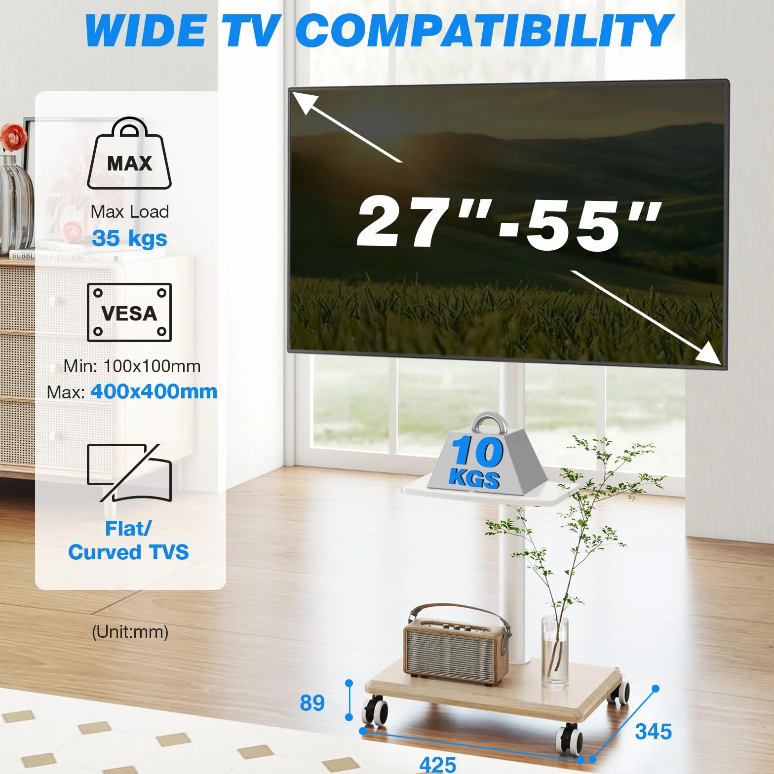 5Rcom Support TV roulettes Blanc Pied TV pour Télé de 27-55 Pouces, Réglable en Hauteur et Pivotant Support TV sur Pied avec roulettes Meuble Support TVs avec Base en Bois VESA Max 400x400mm Max 30kg