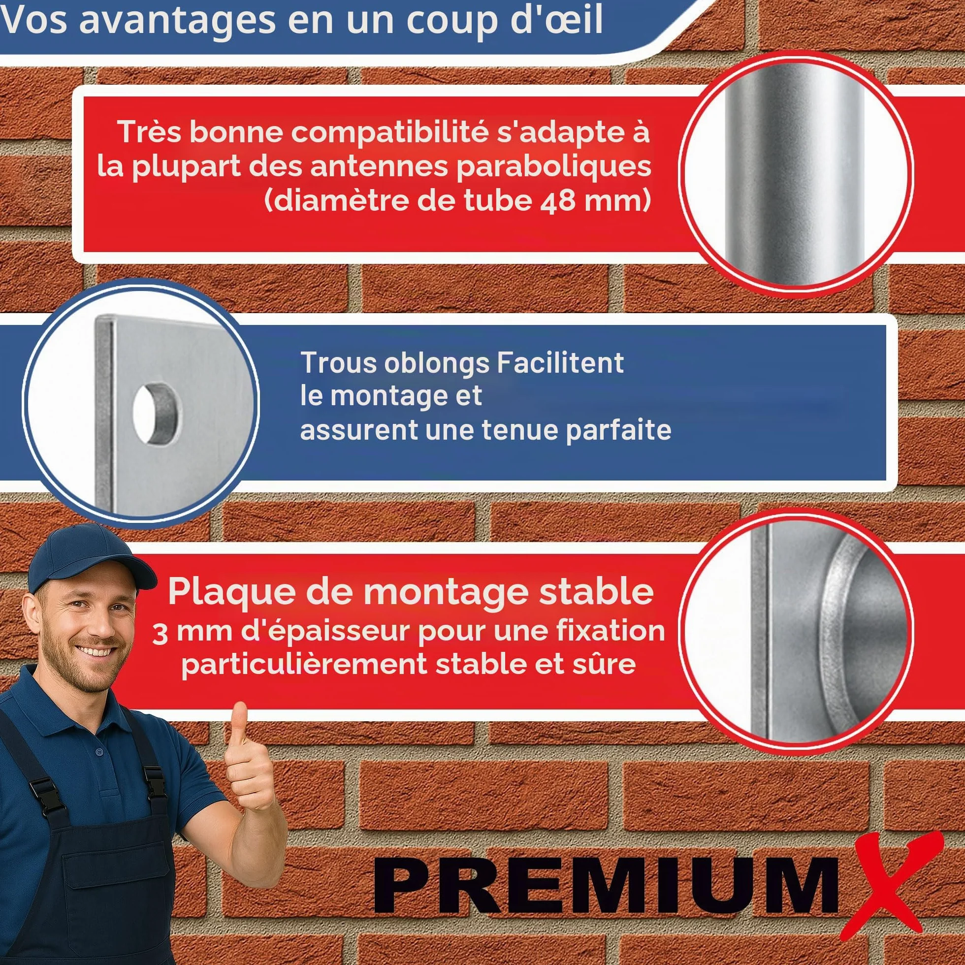 PremiumX 10-15 cm Support mural d'angle en acier galvanisé pour antenne satellite, parabole parabolique Montage mural Distance au mur 100-150 mm Ø 48 mm