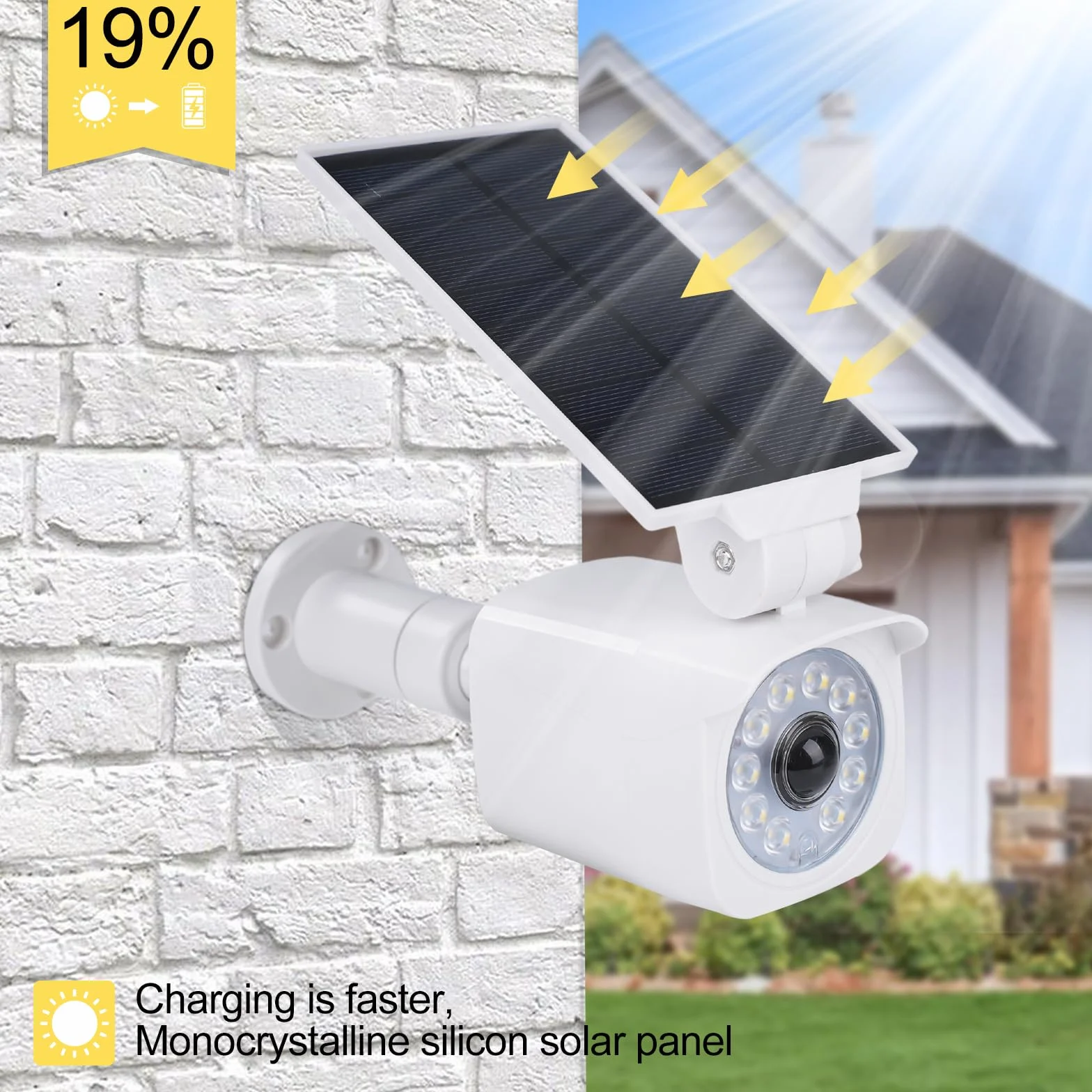 Lampes solaires d'extérieur avec détecteur de mouvement Lampes solaires LED avec caméra factice Caméra de surveillance factice 360° Panneau solaire pivotant à 120° 5V/1.5W 2200mAh IP65 Blanc.