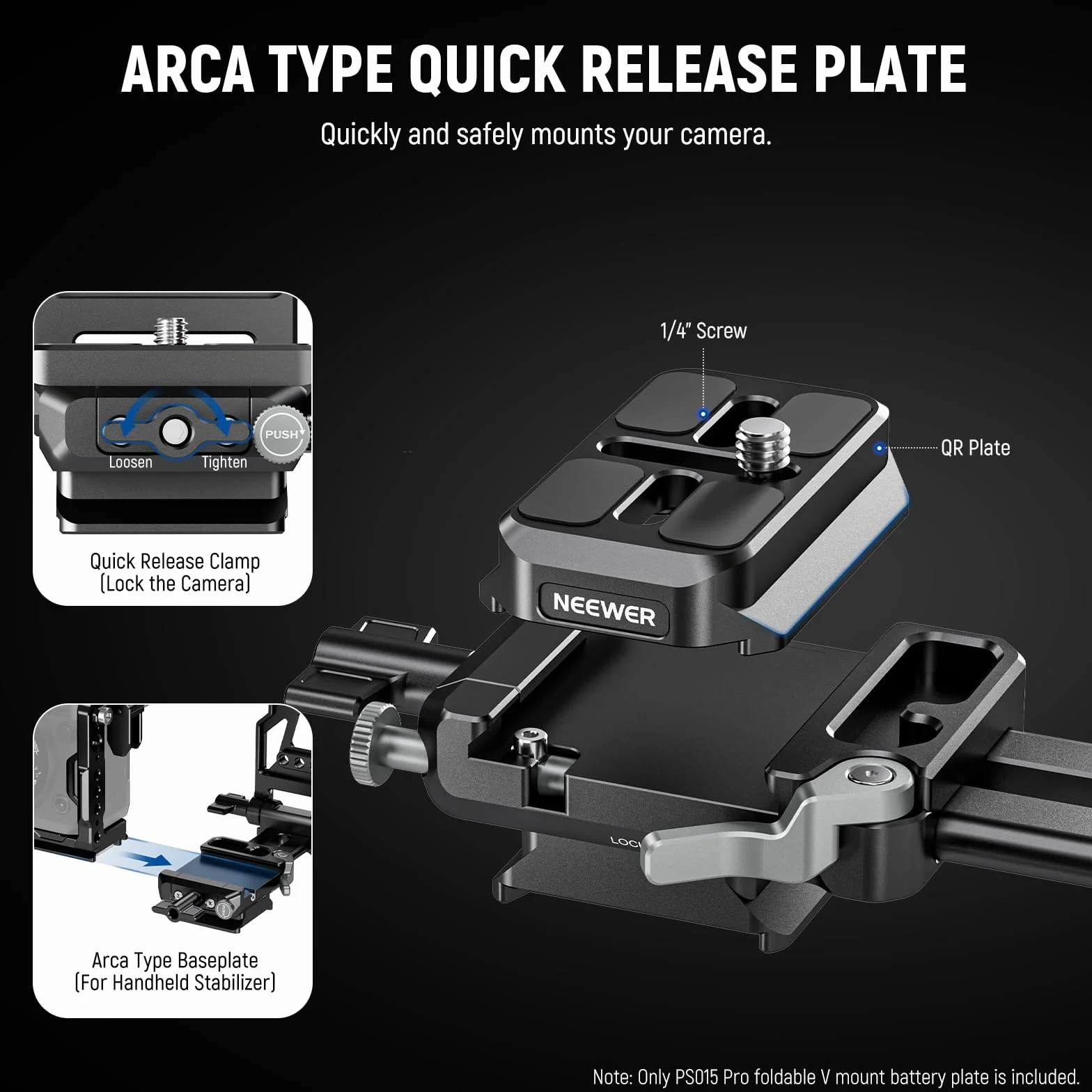 NEEWER Plaque Pliable pour Batterie V Mount et Plaque Base Type Arca Dégagement Rapide, Rig Vidéo Léger pour Caméra DSLR Compatible avec SmallRig Batterie V Mount DJI RS4 RS3 Stabilisateur, PS015 Pro