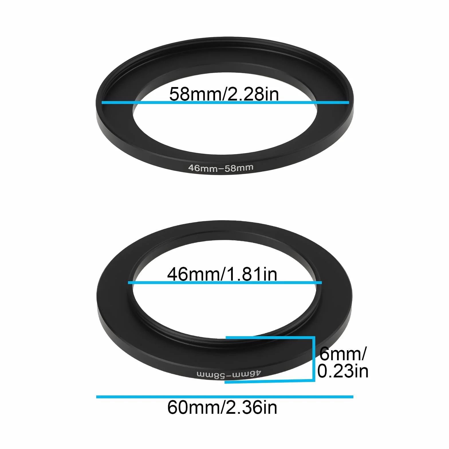 Lot de 2 bagues d'adaptation Step Up en alliage d'aluminium 46 mm à 58 mm Filetage 0,75 mm pour filtre d'appareil photo