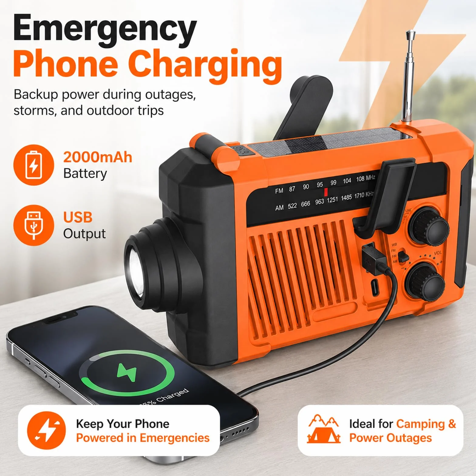 Radio d'urgence solaire à manivelle 2000 mAh AM/FM SOS Lampe LED Charge USB Camping