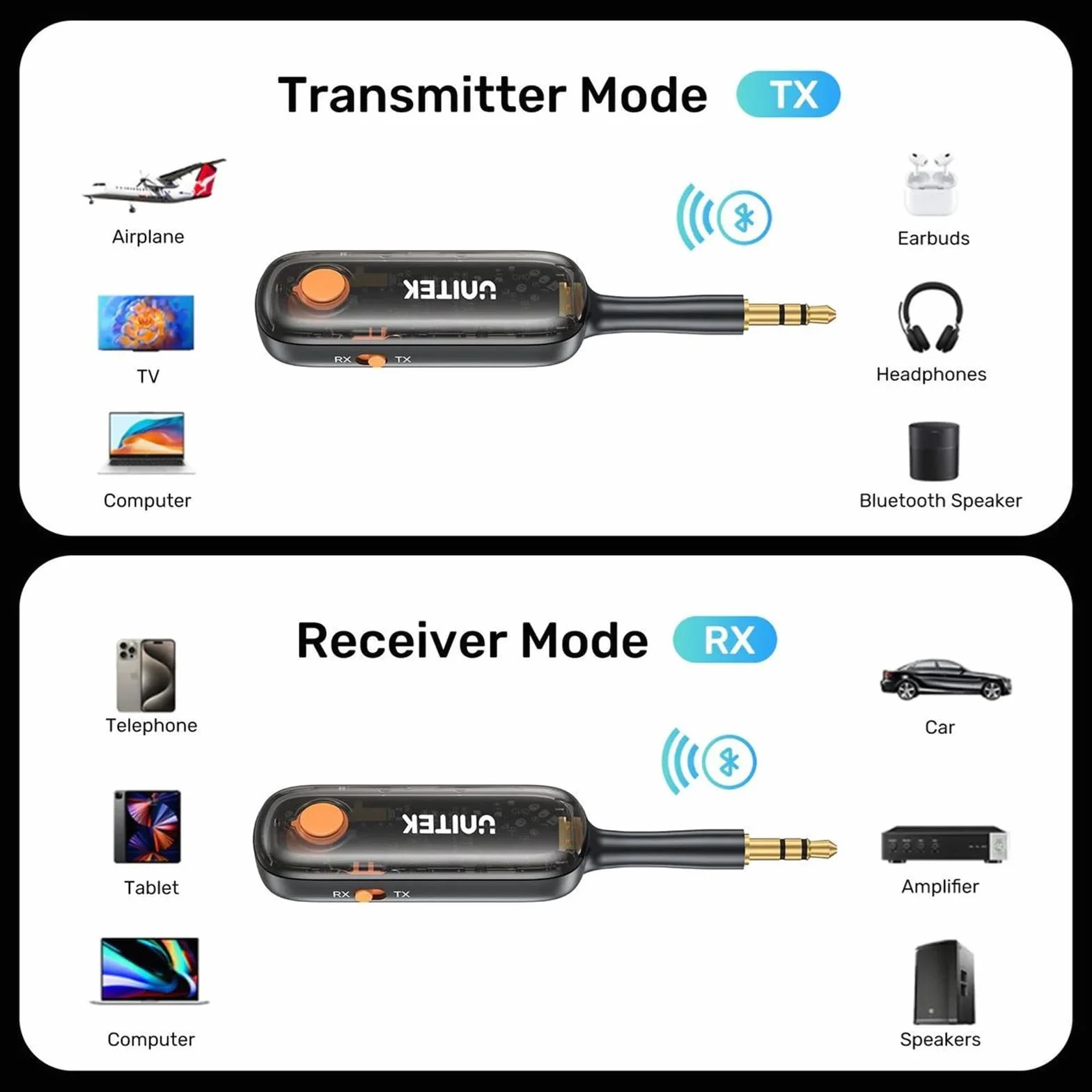 UNITEK Emetteur/Récepteur Audio Bluetooth sur Batterie (10h) ou sur Secteur - Jack 3.5mm
