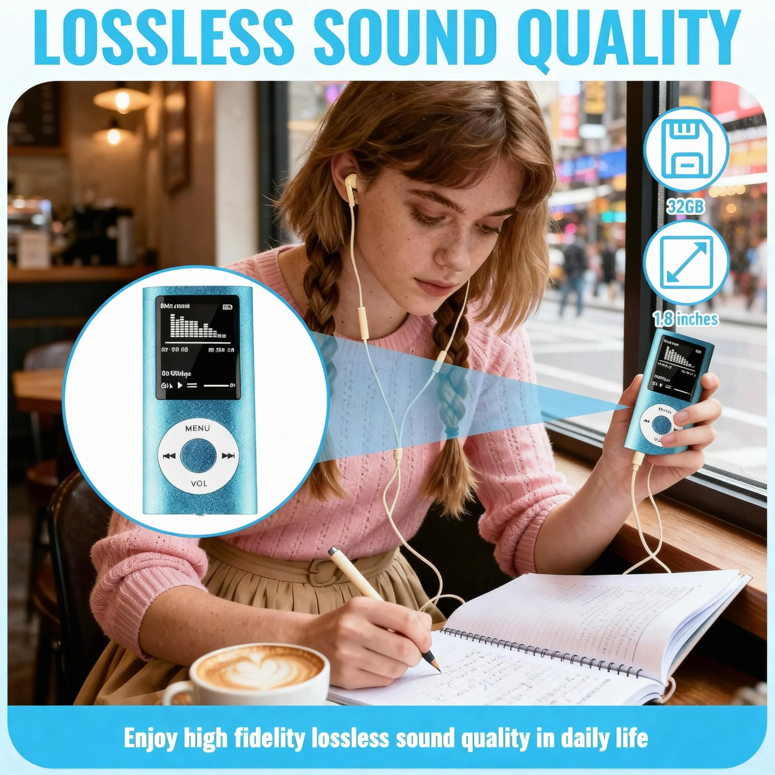 Lecteur de Musique HiFi Portable sans Perte MP3/MP4 avec 1.8 Pouces Écran LCD et Lecteur de Carte Mémoire, 32GB, Bleu