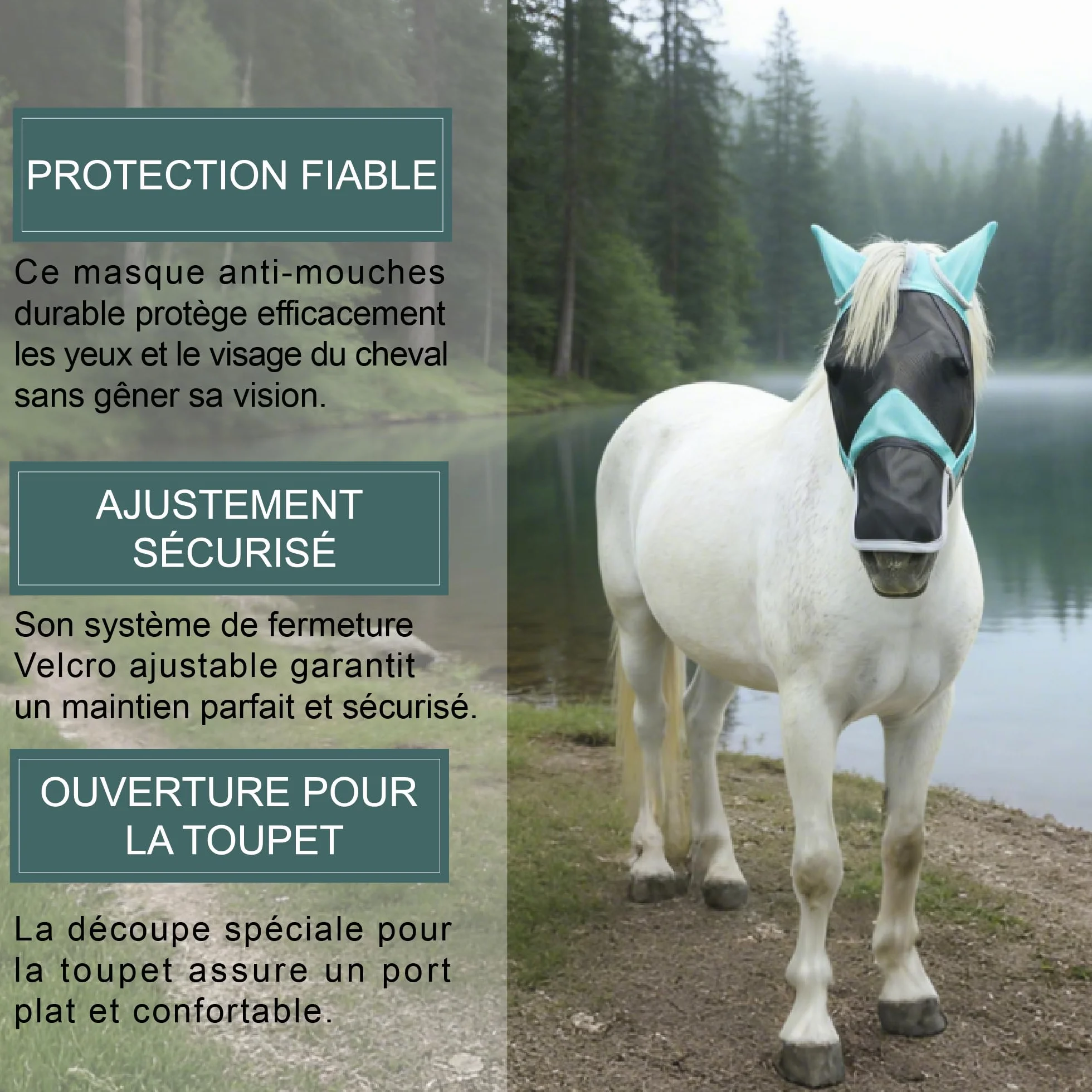 Masque Anti-Mouches pour Chevaux Protection Anti-UV Maille Respirante Turquoise Medium