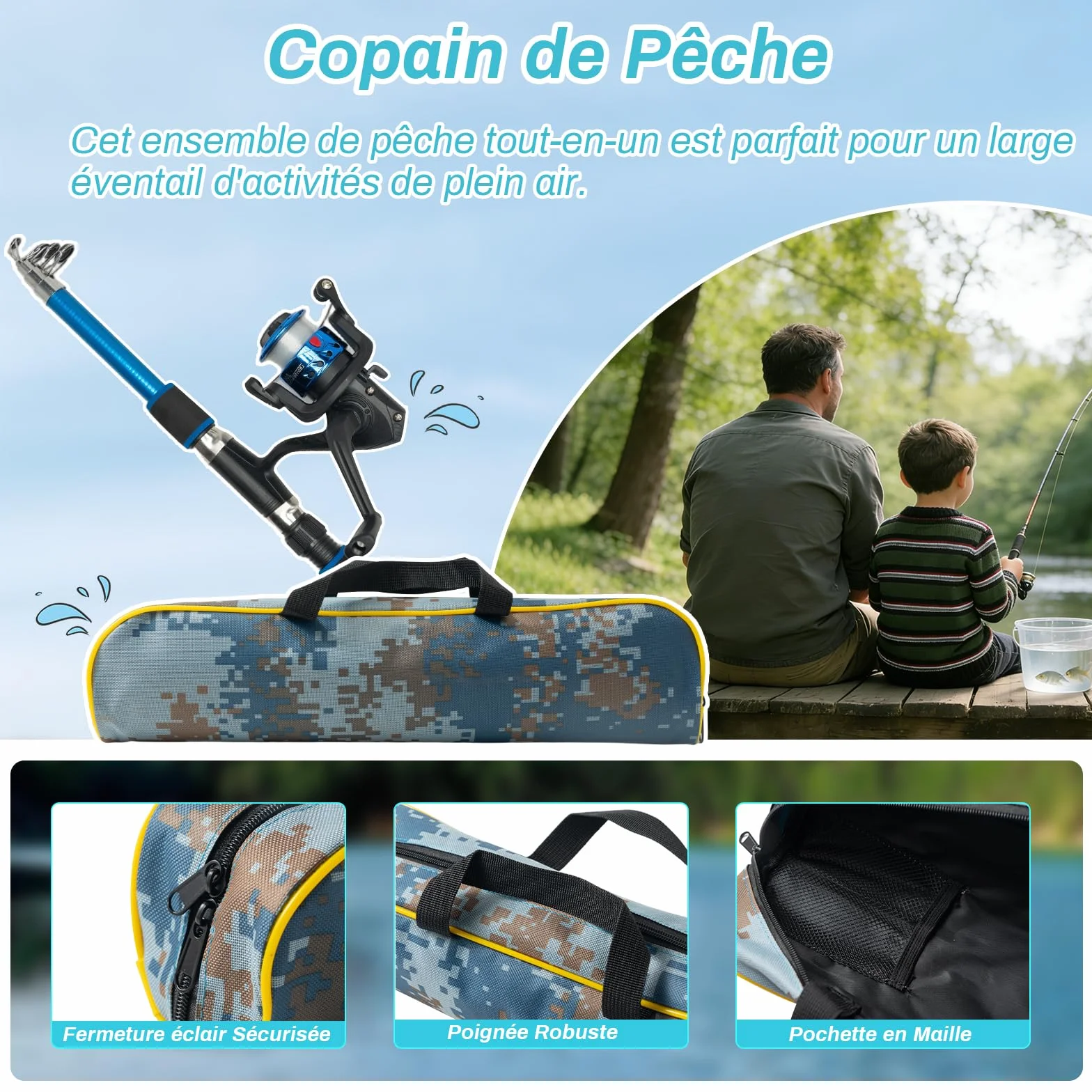 Cannes à Pêche Enfants Télescopiques 1,8m Kit Complet Débutants avec Moulinet 5,2:1 Leurres Sac de Transport Mer Lac