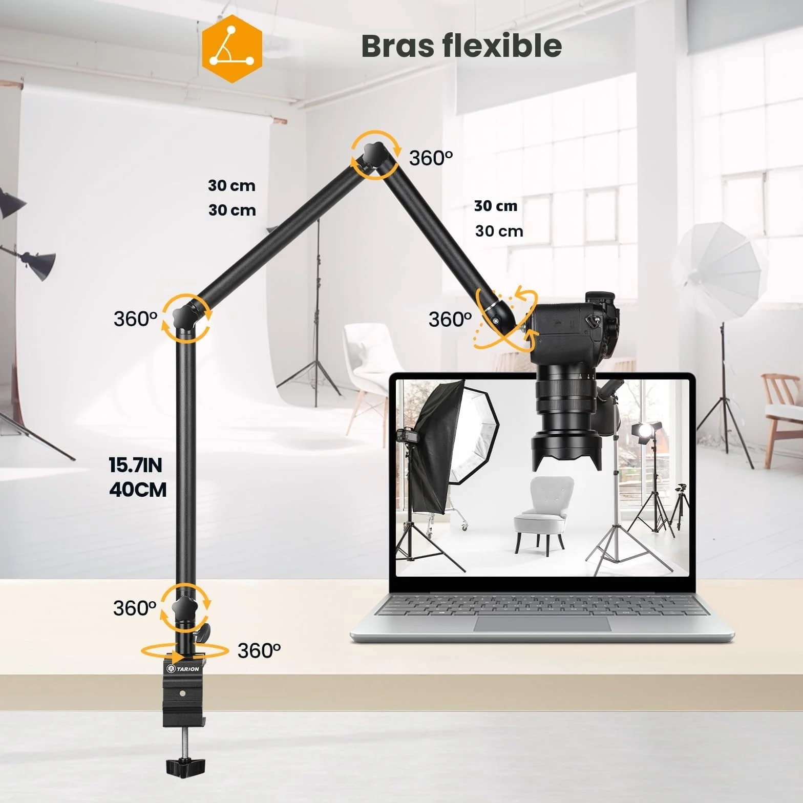 TARION Support de Bureau pour Appareil Photo trépied aérien Bras articulé Flexible à 360° avec vis 3/8' et vis 3/8' à 1/4' Reflex numériques Projecteur Ring Light TKB01