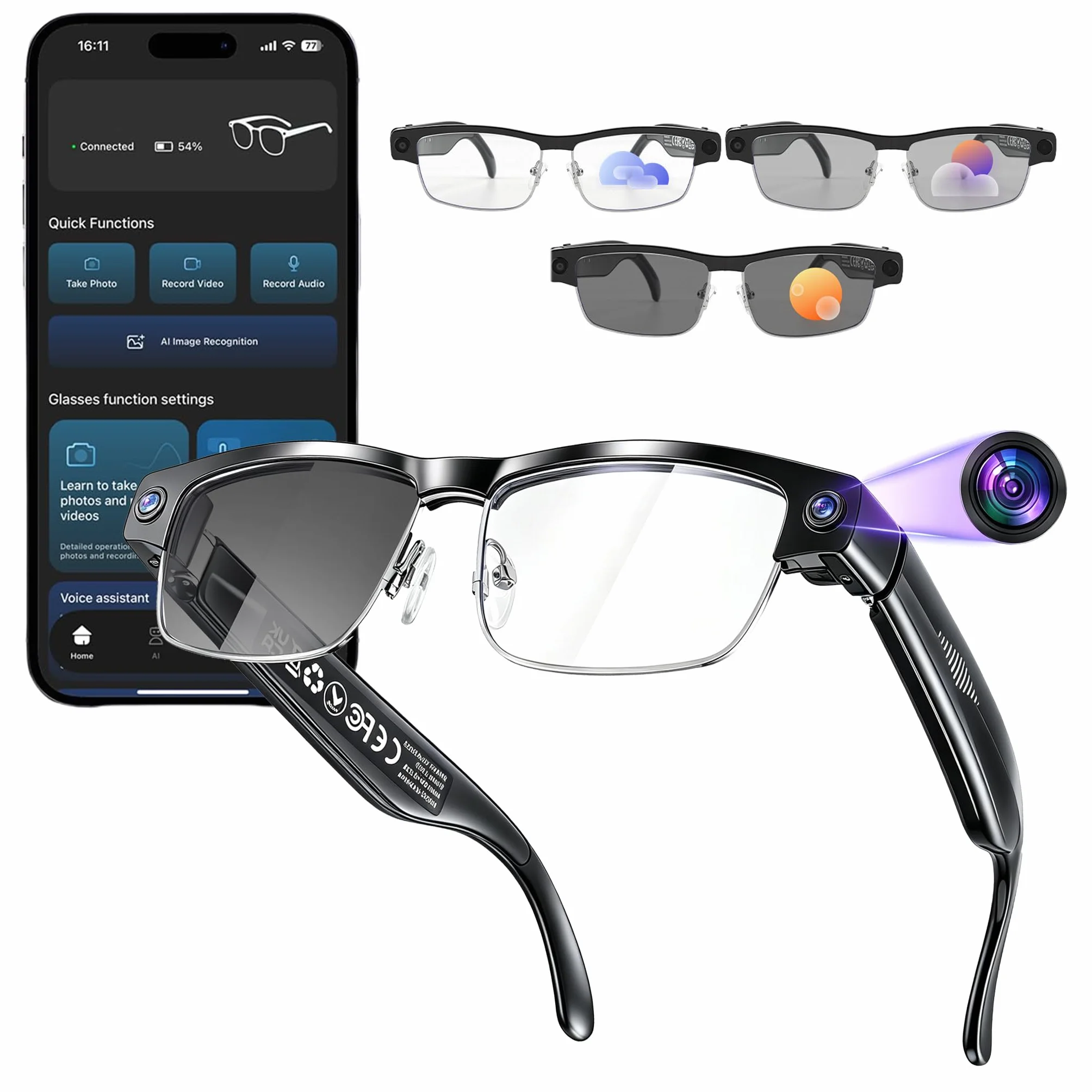 Lunettes AI avec appareil photo, filtre à lumière bleue, résolution HD 1200p, Bluetooth, traduction vocale, lunettes de ki avec appareil photo, enregistrement vidéo, lecture de musique, détection