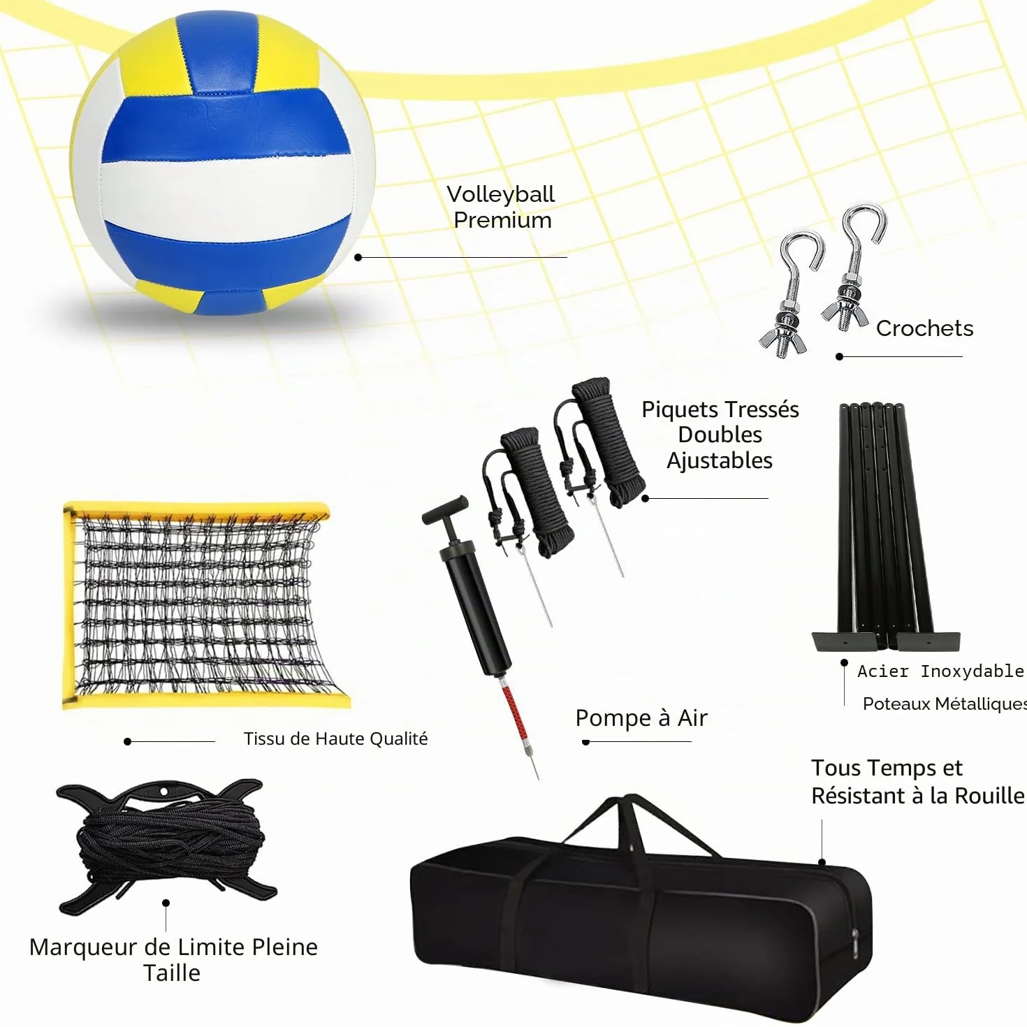 Ensemble de Filet de Volleyball 9.5m x 1m avec Poteau en Acier, Hauteur réglable