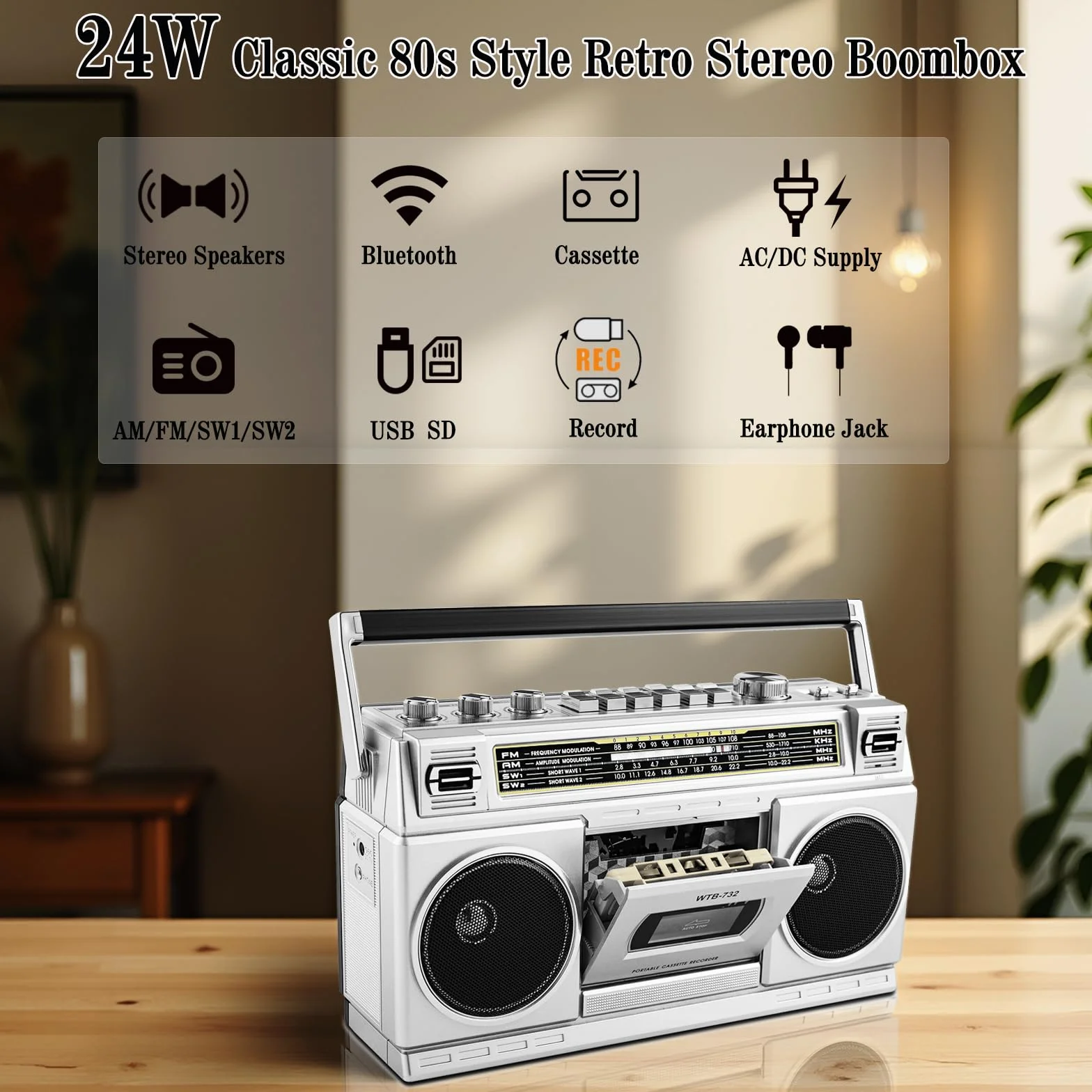 Boombox Rétro Années 80 Bluetooth Lecteur Cassette Radio AM/FM/OC 24W Portable USB Micro SD