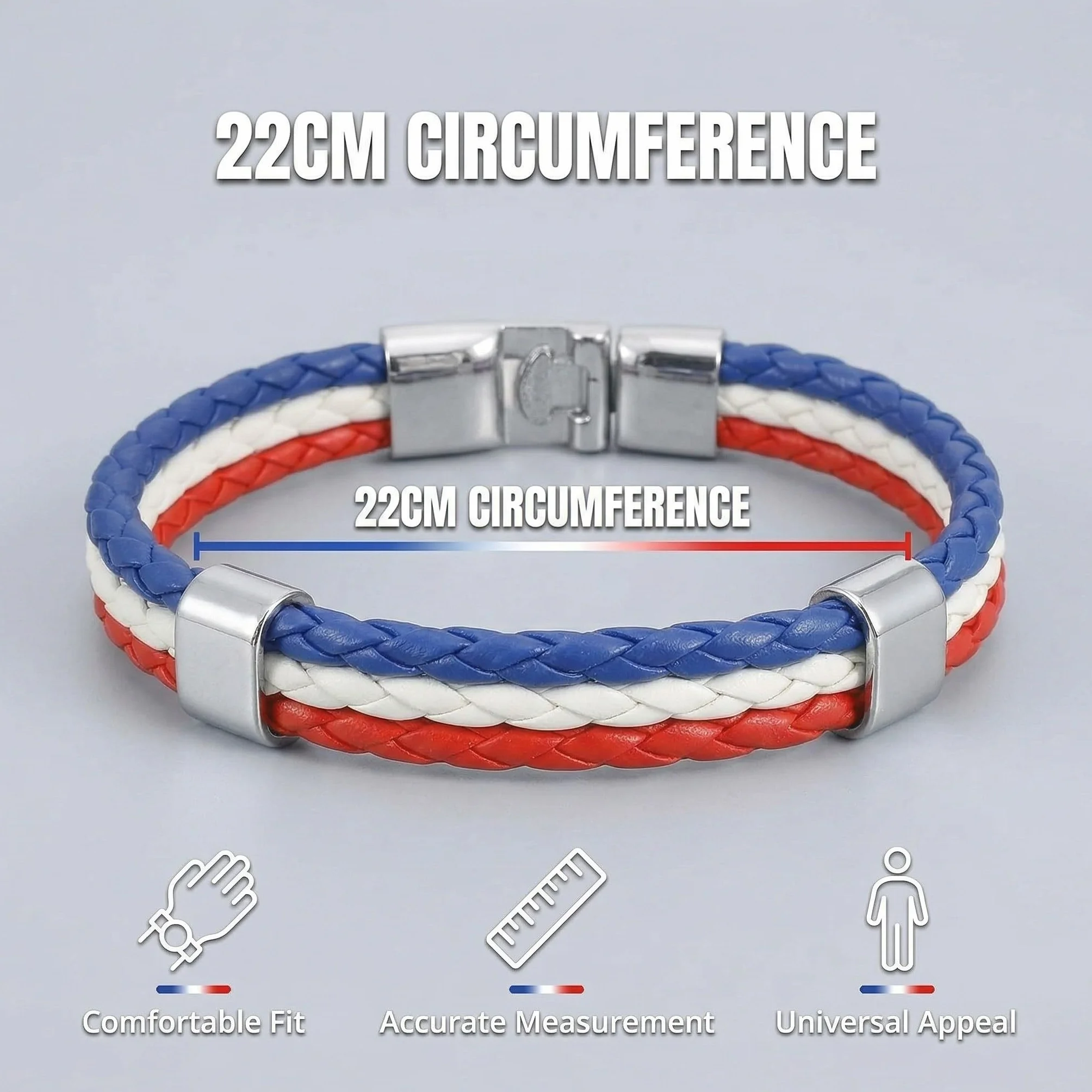 Lot de 2 Bracelet France Drapeau Français en Cuir Synthétique Bleu Blanc Rouge 22cm