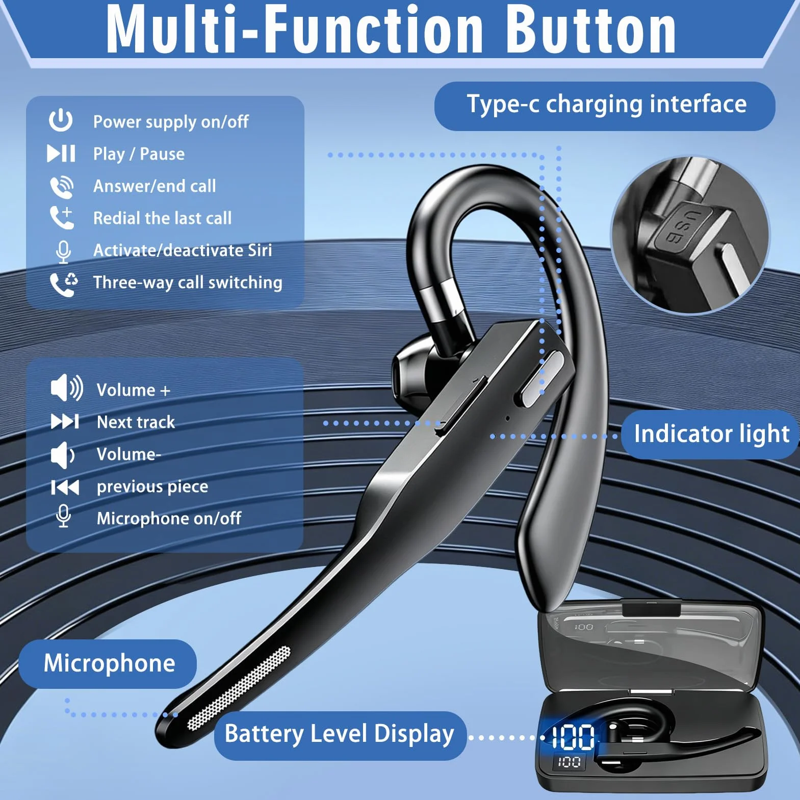 Oreillette Bluetooth sans Fil 6.1 avec Boîtier de Chargement 500 mAh, Kit Main Libres Bluetooth avec Dual Mic CVC8.0, Écouteurs sans Fil Casques Mono Légère pour Conduite/Bureau/Affaires