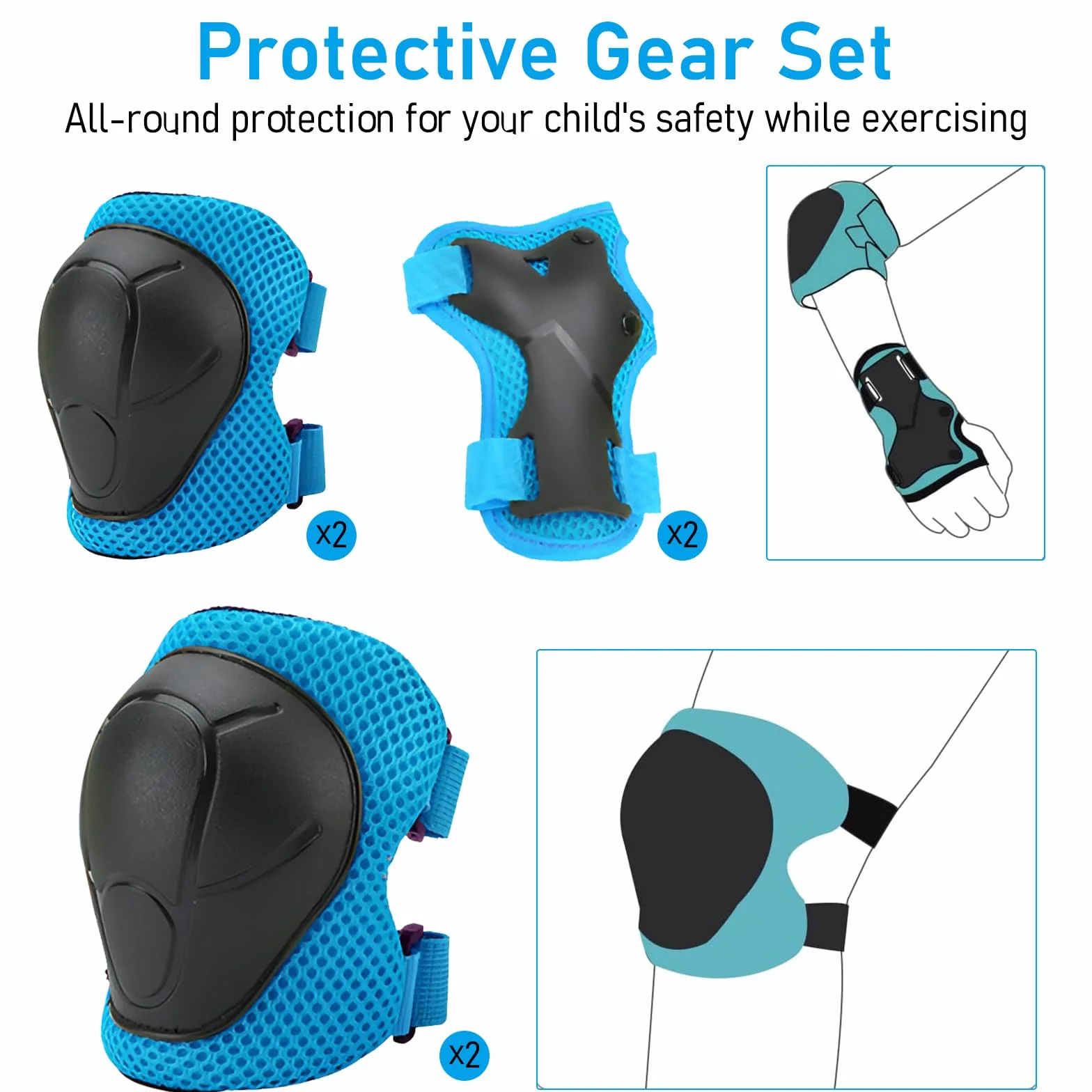 Casque de vélo pour enfants avec genouillères coudières protège-poignets réglables bleu