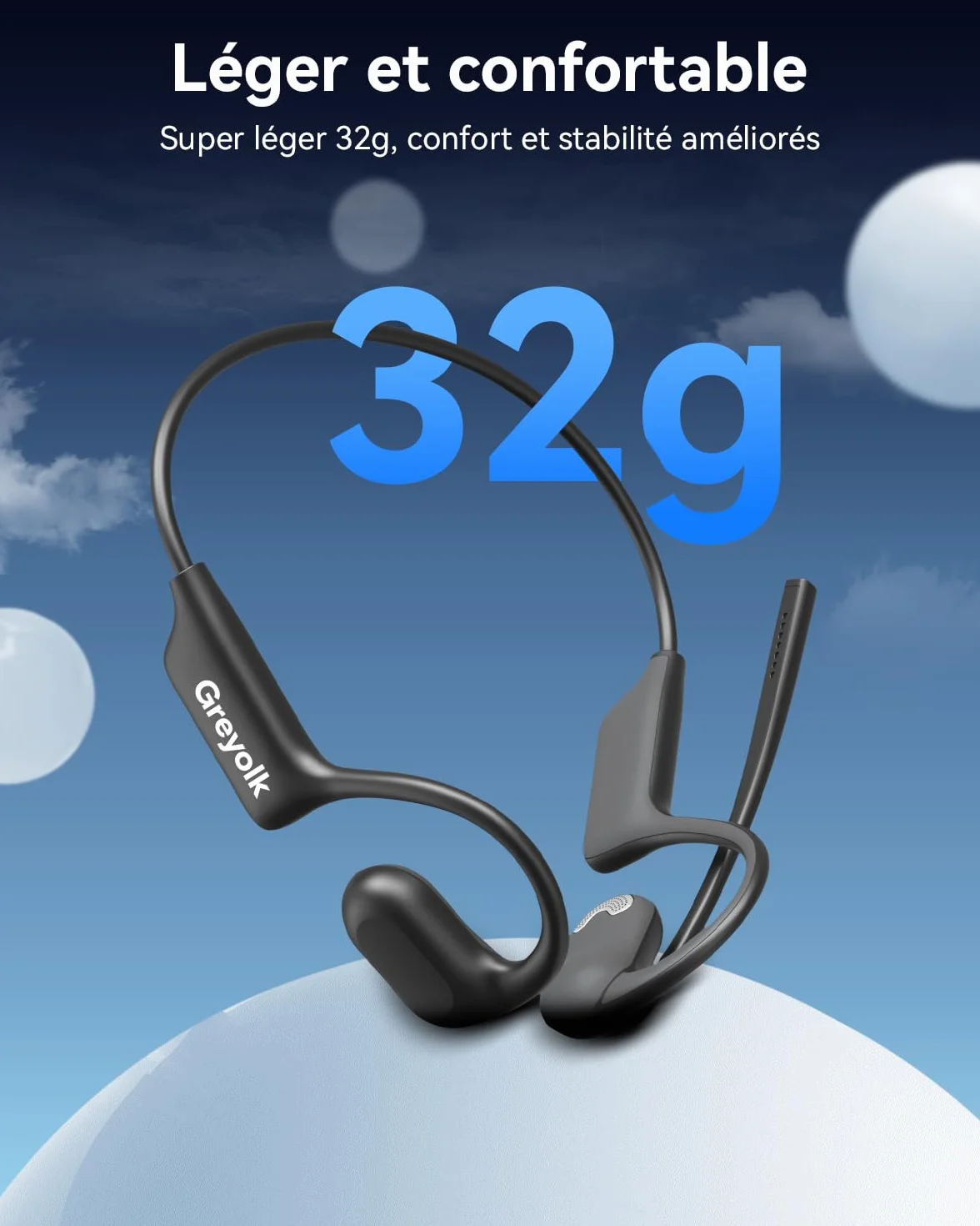 Casque Bluetooth à Oreilles Ouvertes, Microphone antibruit AI, Casque sans Fil à Conduction d'air, Batterie de 10 Heures, Design léger de 32 g pour Le Travail