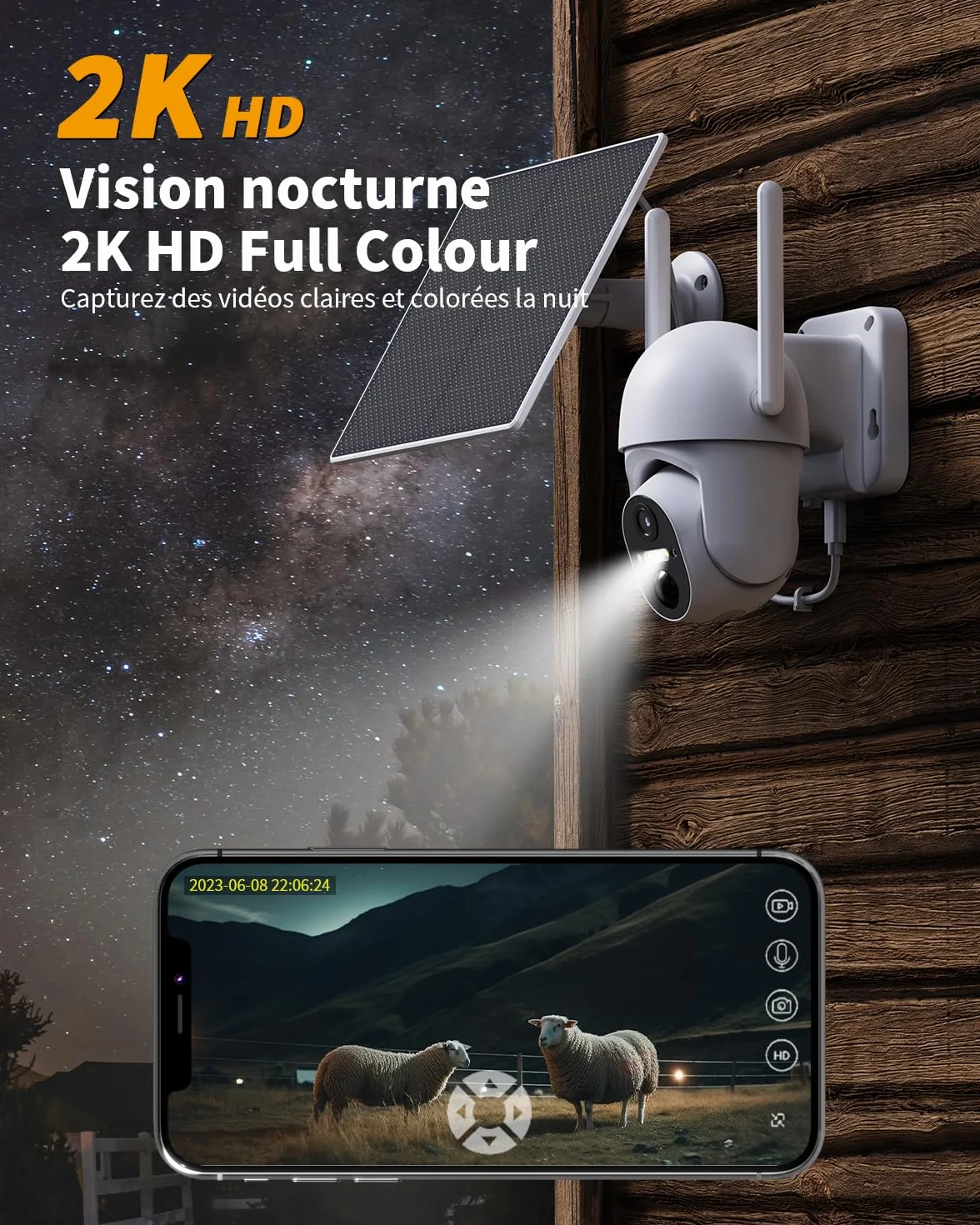 Caméra de Surveillance extérieure 4G LTE- Batterie avec Carte SIM- Caméra PTZ Solaire sans Fil 2K- sans Wi-FI- Pivote à 355°/100°- Vision Nocturne Couleur- Audio- Détection Humaine PIR- IP66