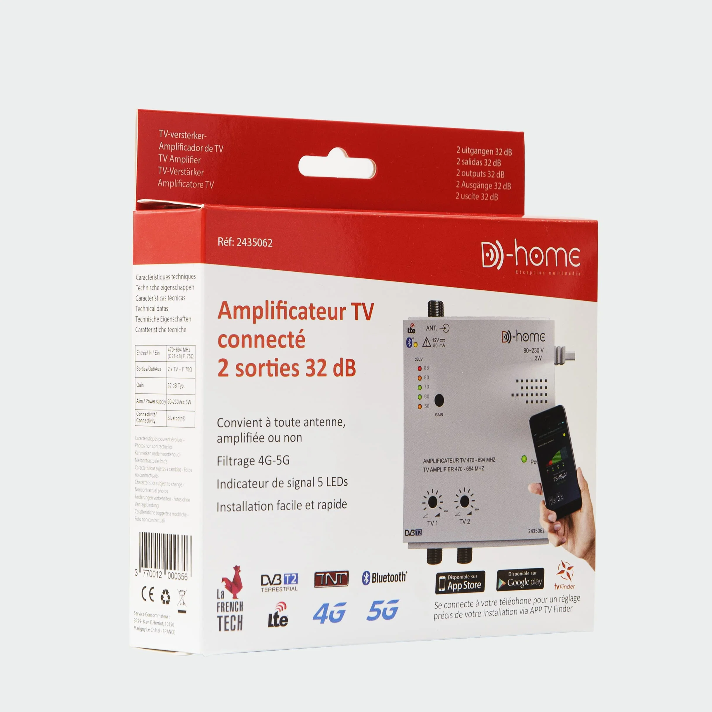 Amplificateur TV TNT Intérieur 32dB 2 Sorties Connecté Filtré 4G-5G avec App Mobile TV Finder