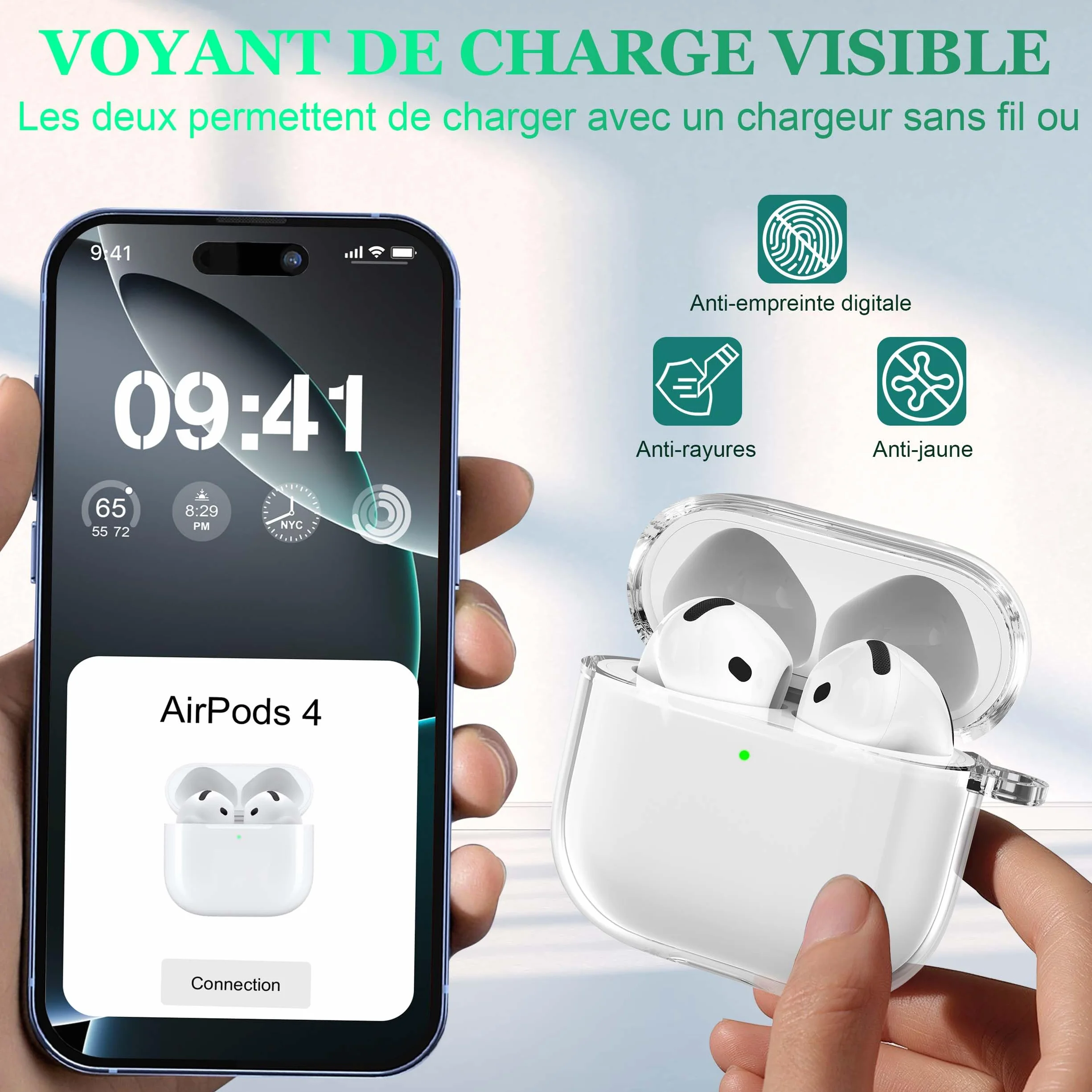 Coque AirPods 4 2024 TPU Transparent Anti-jaunissement avec Kit de Nettoyage Boucle Ronde Blanc