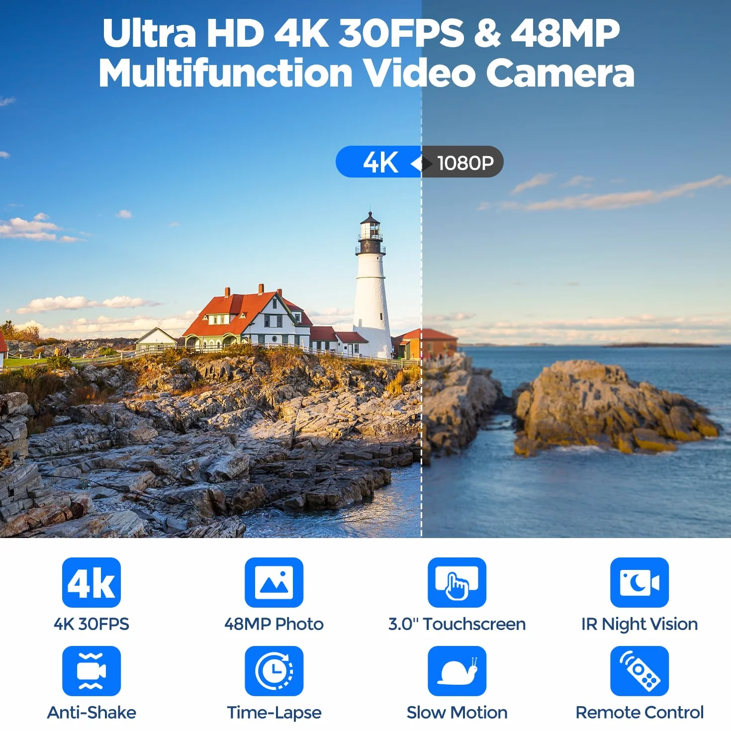 Caméra Vidéo 4K Camescope 48MP Zoom 16X Vision Nocturne Écran Tactile Rotatif 270° avec Carte SD 32Go