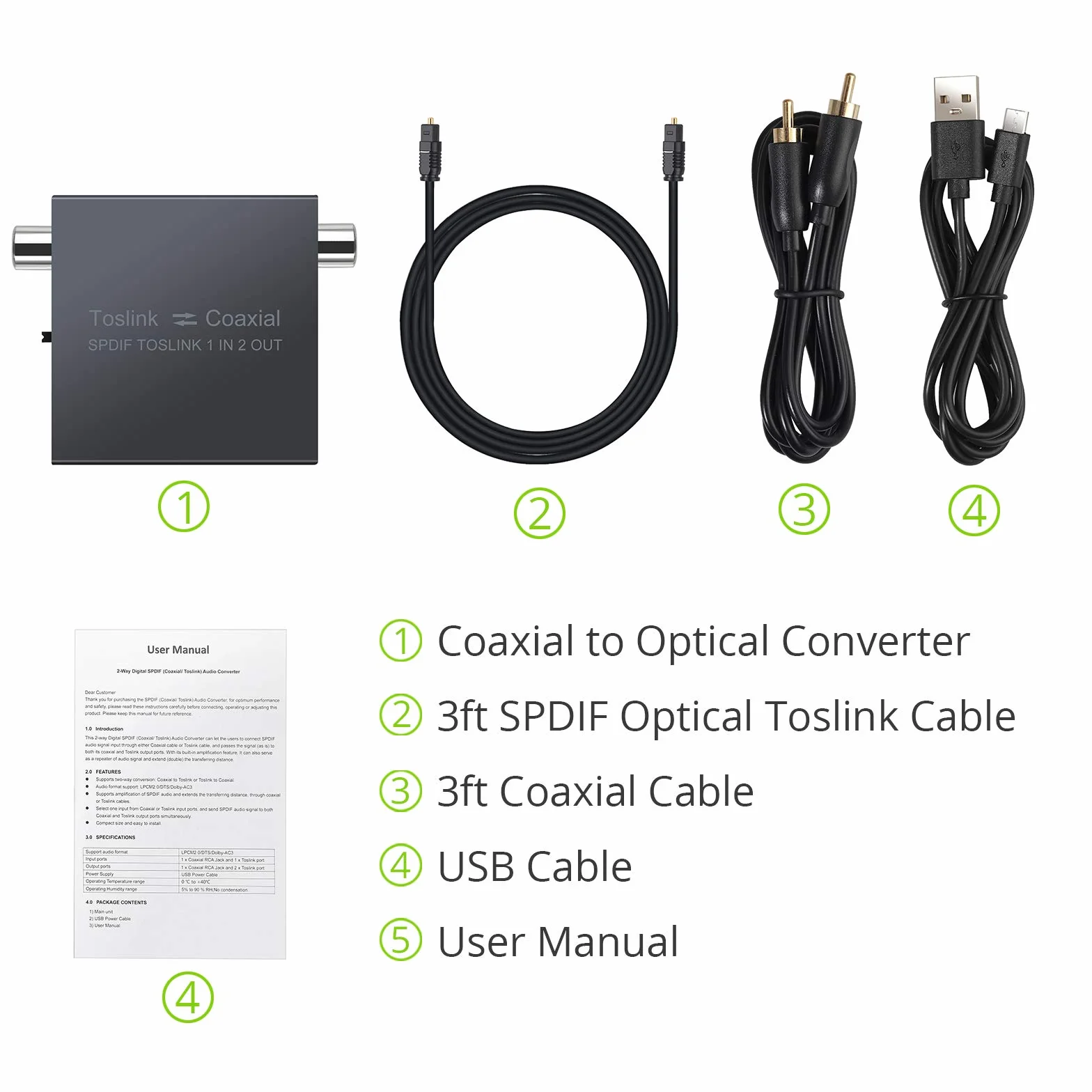 LiNKFOR 192KHz Bidirectionnel Coaxial-Optique Convertisseur Métal avec 1X2 Optique Toslink SPDIF Splitter DTS Dolby AC3 avec Câble Optique/Coaxial Audio Numérique Commutateur pour HDTV PS4 SoundBar