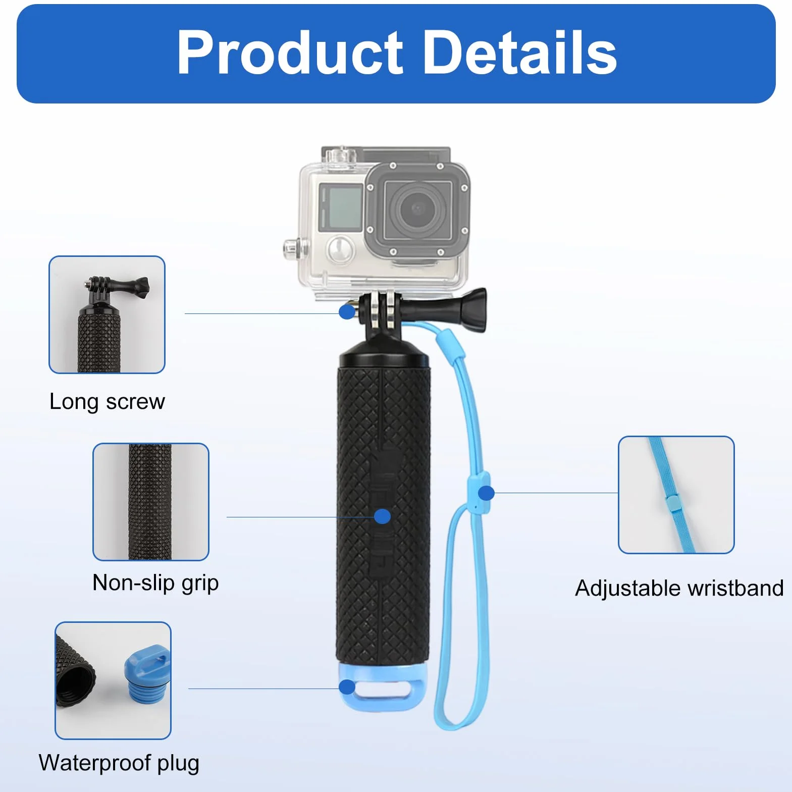 Poignée Flottante pour GoPro Hero 13 12 11 10 9, Étanche Handler Étanche Action Caméra Grip Pôle, Perche pour Go Pro avec Corde Sécurité, Rangement Étanche pour GoPro Étanche sous Marine, Noir