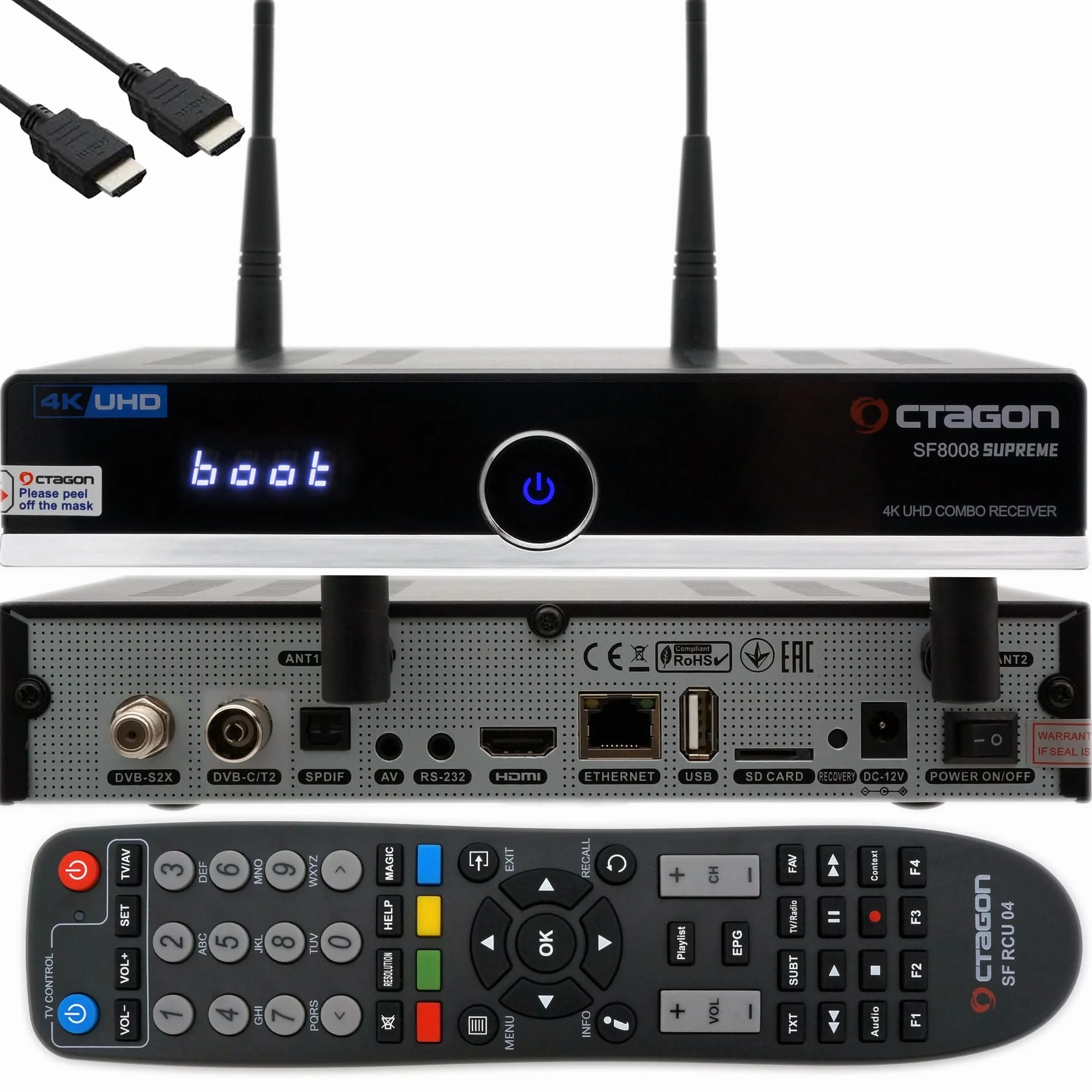 OCTAGON Récepteur combiné SF8008 4K UHD HDR 1 x DVB-S2X et 1 x DVB-C/DVB-T2 - Satellite, câble/Signal terrestre, E2 Linux Smart TV, Serveur multimédia, Fonction d'enregistrement, EasyMouse HDMI, Dual