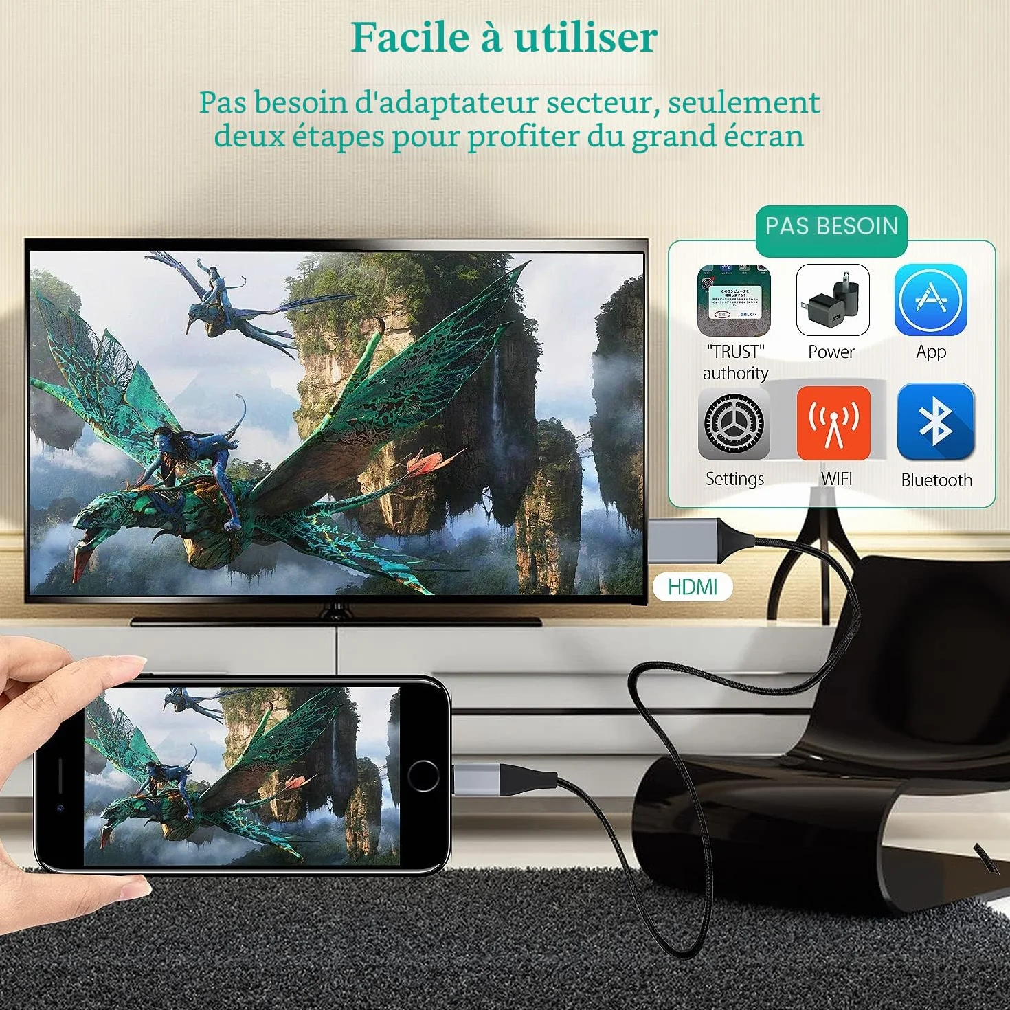 Adaptateur Lightning vers HDMI 2.0m pour iPhone 14/13/12 & YouTube vers TV - Résolution HD 1080P (iOS 18/17 - Non Compatible iPhone 16/15/Netflix)