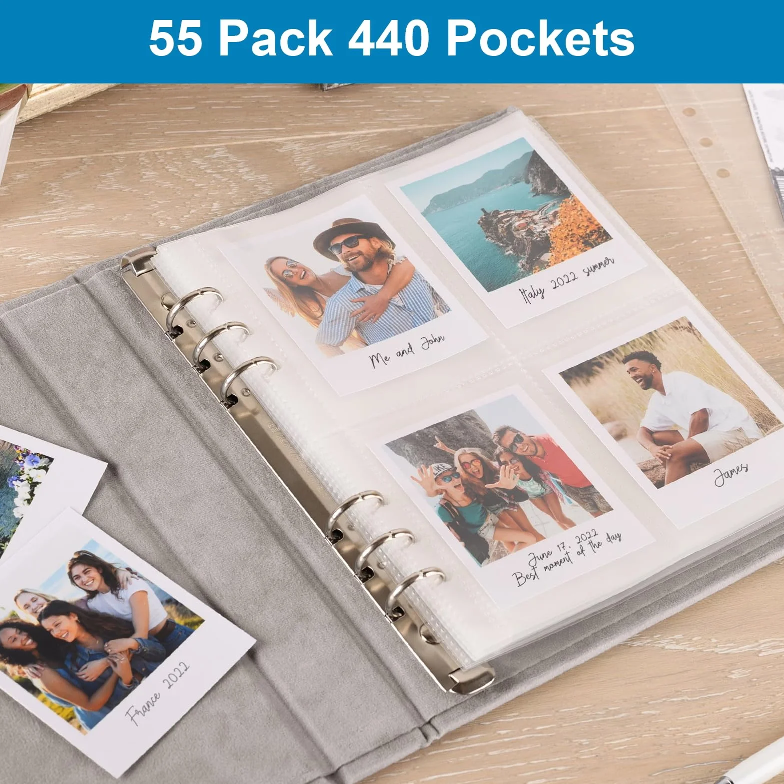 Lot de 55 pochettes A4 avec 440 compartiments double face, pochettes transparentes pour cartes postales avec 4 compartiments, pochettes transparentes A4, recharges pour albums photo