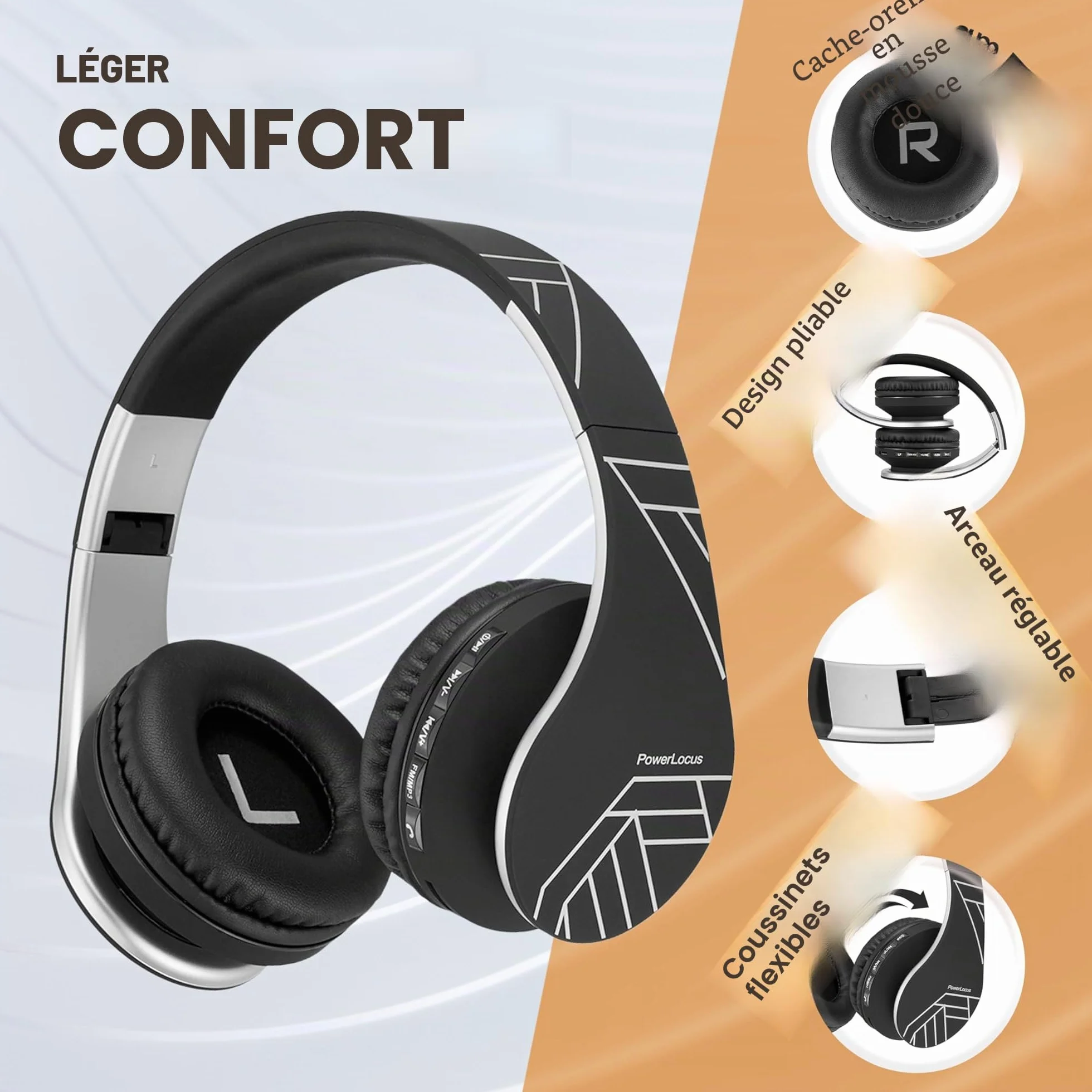 PowerLocus Casque Bluetooth sans Fil, Pliable Casque Audio Stéréo, Oreillette Bluetooth avec Micro Intégré/Micro SD/FM Radio pour Téléphones/PC/Tablettes/TV (Noir/Argent)