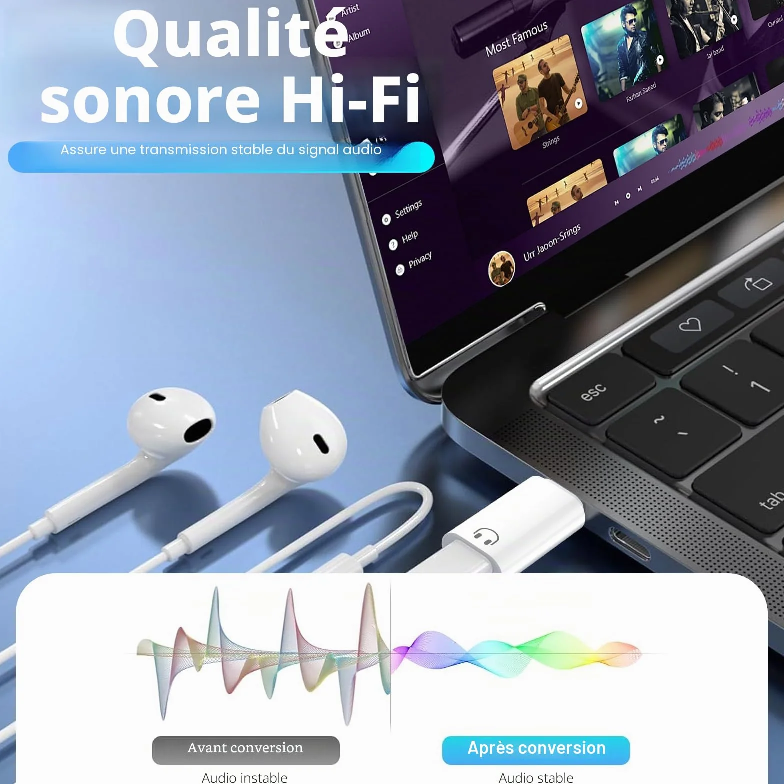Adaptateur USB C vers Lightning Audio, USB C mâle vers Lightning, Compatible iPhone 16/15, Blanc