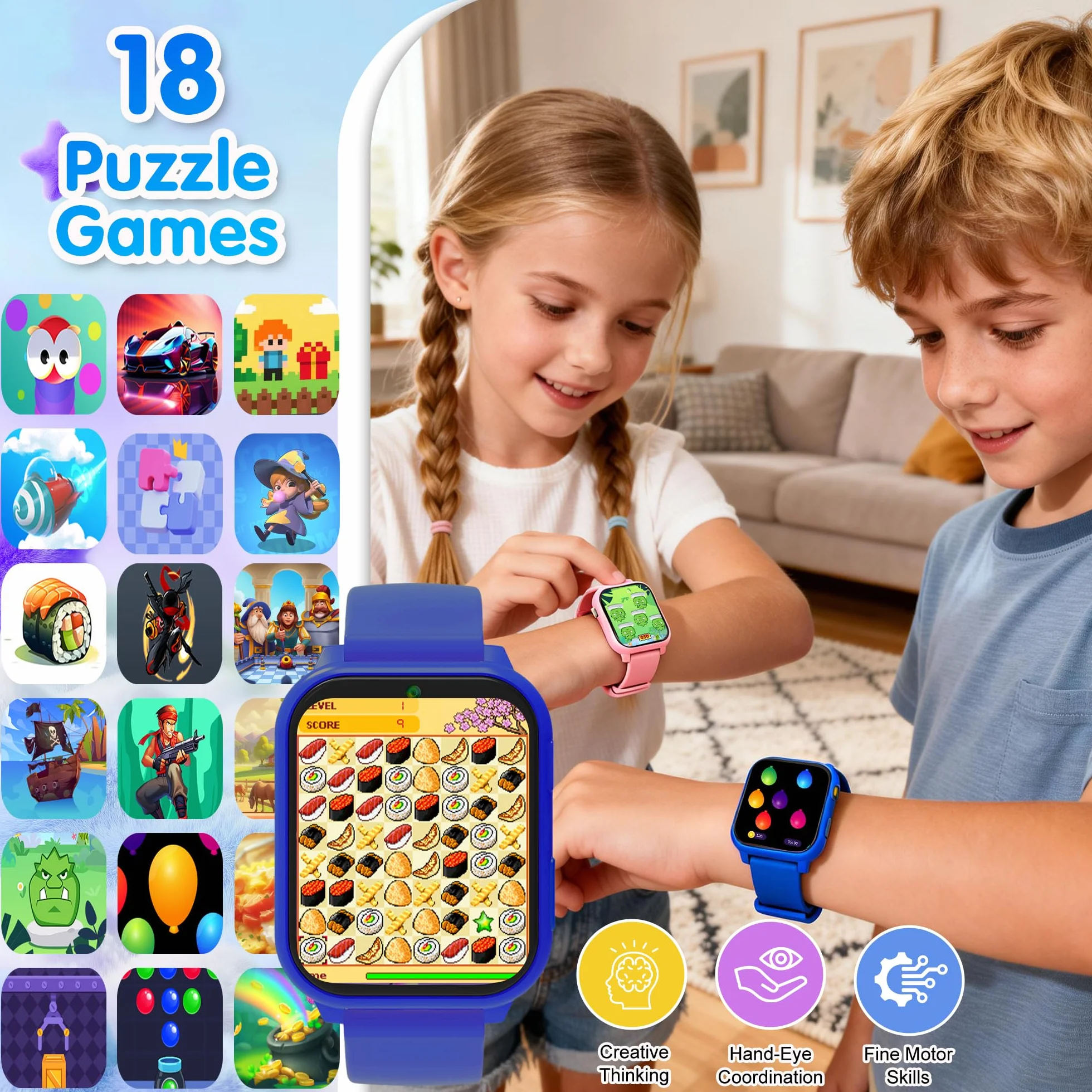 Montre Connectée Enfant, 1.83" Montre Intelligente Enfants avec Podomètre, Sommeil, 18 Jeux, Caméra, Réveil, Torche, Étanche Trackers d'Activité Cadeaux de Noël et d'Anniversair pour Garçons Filles