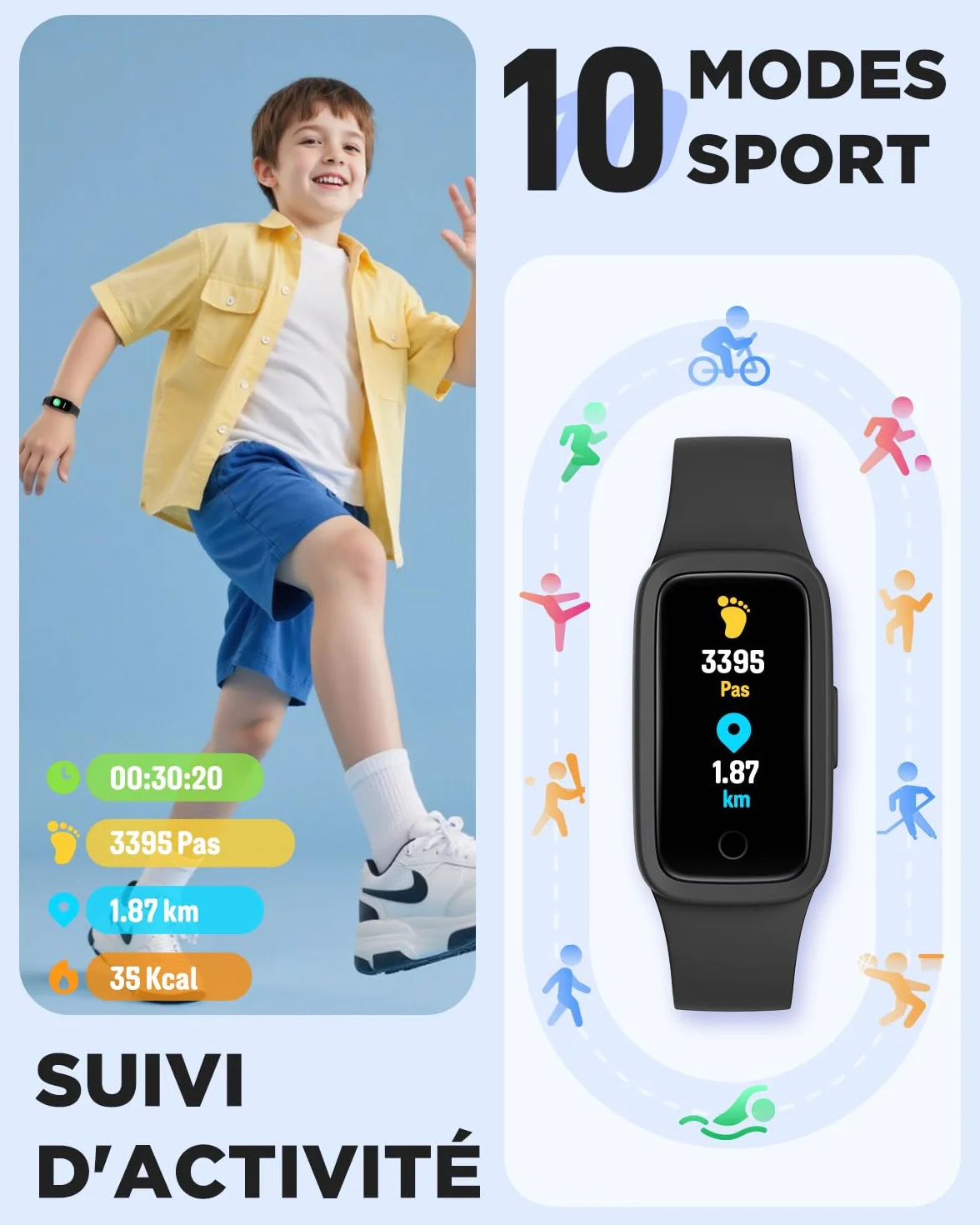 BIGGERFIVE Vigor 3 Montre Connectée Enfant Tracker d'Activité Écran AMOLED Étanche 3ATM Moniteur Fréquence Cardiaque Sommeil Noir