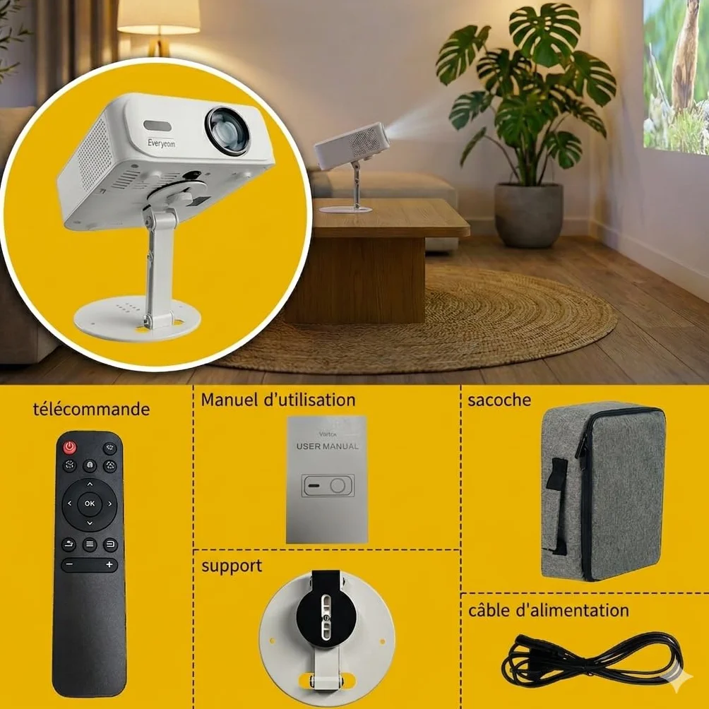 Projecteur Portable 4K Full HD 1080P avec Support Ajustable Intégré, HDMI/USB, Home Cinéma