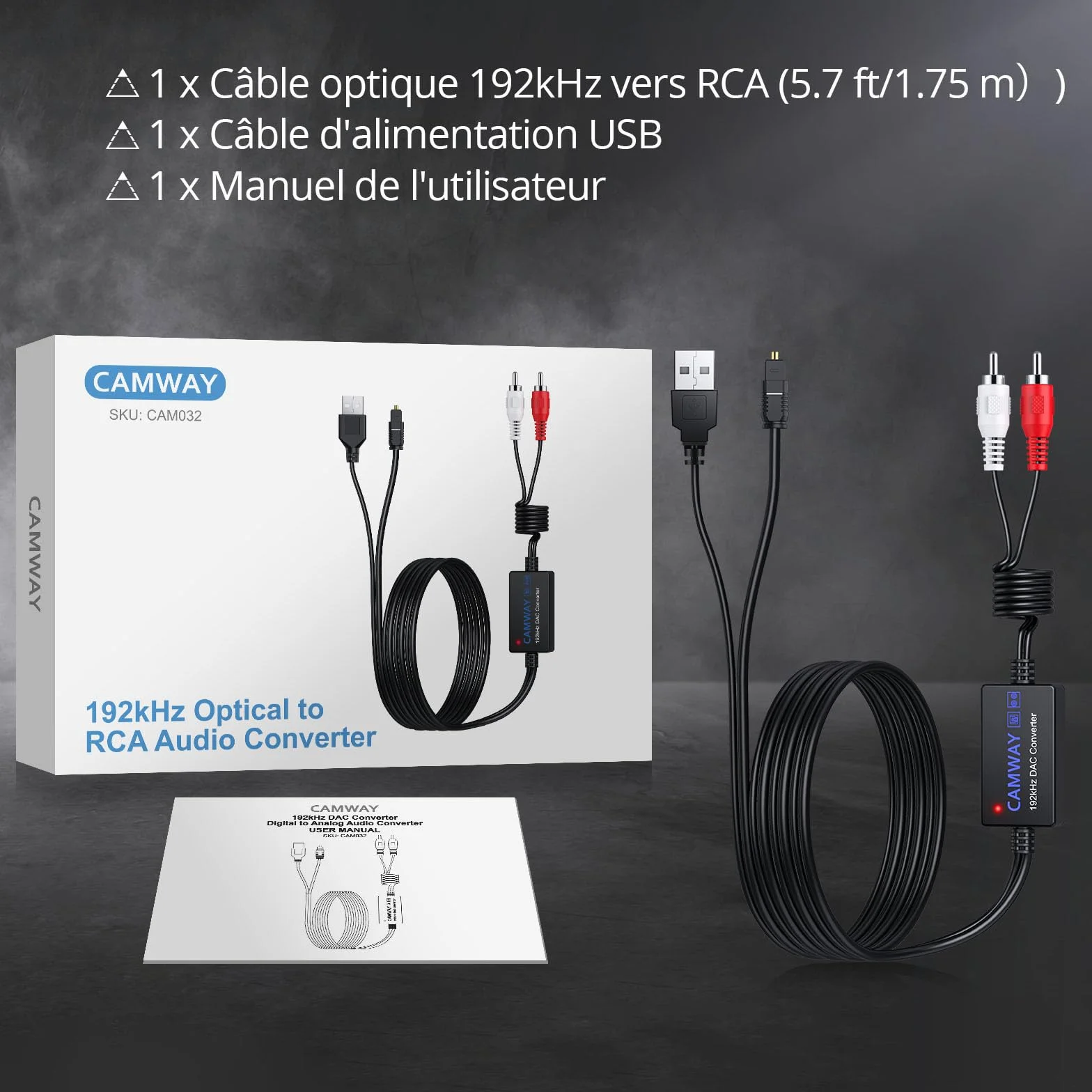 Convertisseur Optique RCA SPDIF 192kHz avec Câble Intégré 1,75m pour HDTV Xbox DVD Blu-Ray