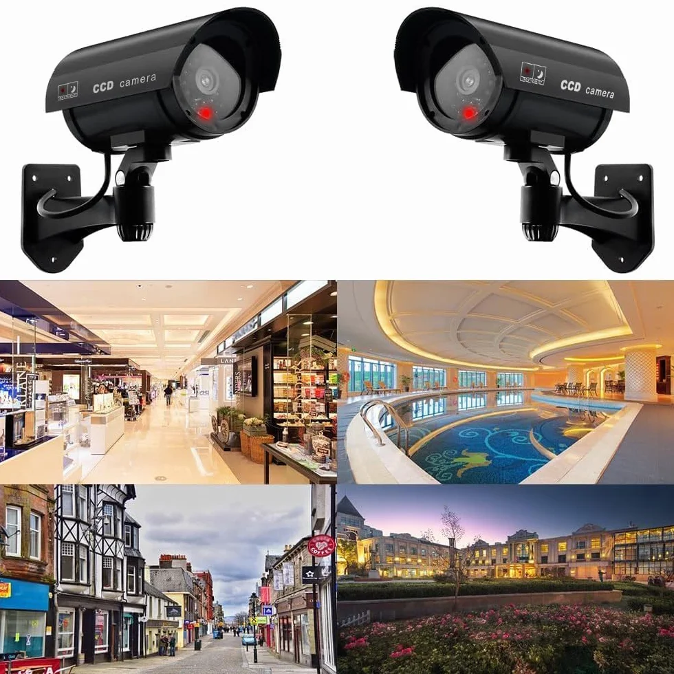 ERWEY Lot de 4 Caméras Factices pour Extérieur & Intérieur, Fausse Caméra de Surveillance CCTV avec LED Clignotante (4Pcs Noir)