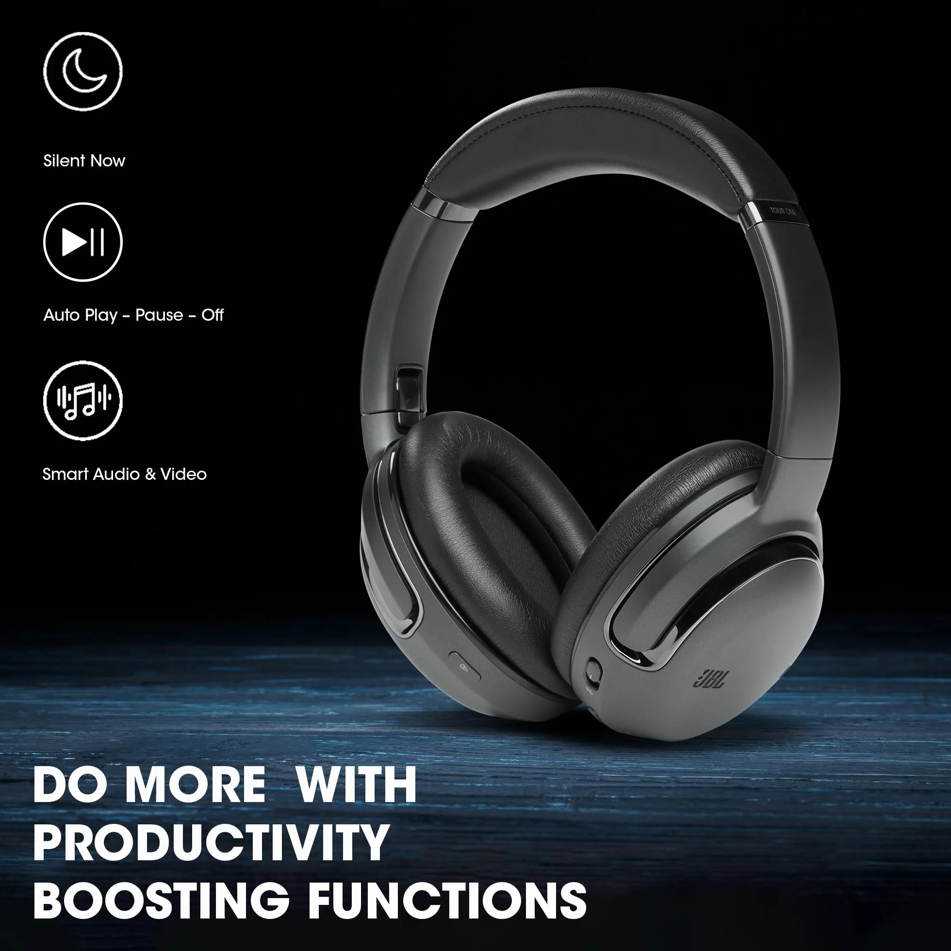 JBL Tour One – Casque circum-auriculaire sans fil avec réduction de bruit – Son JBL Pro – 50h d'autonomie – Connexion Bluetooth – Commande vocale mains libres – Couleur : Noir