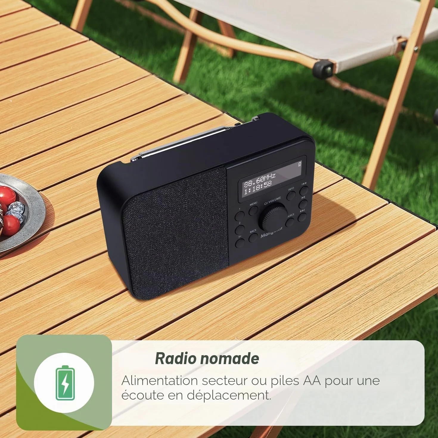 Radio Numérique DAB Portable FM Bluetooth avec Écran, Réveil, 40 Stations Préréglées - Noir