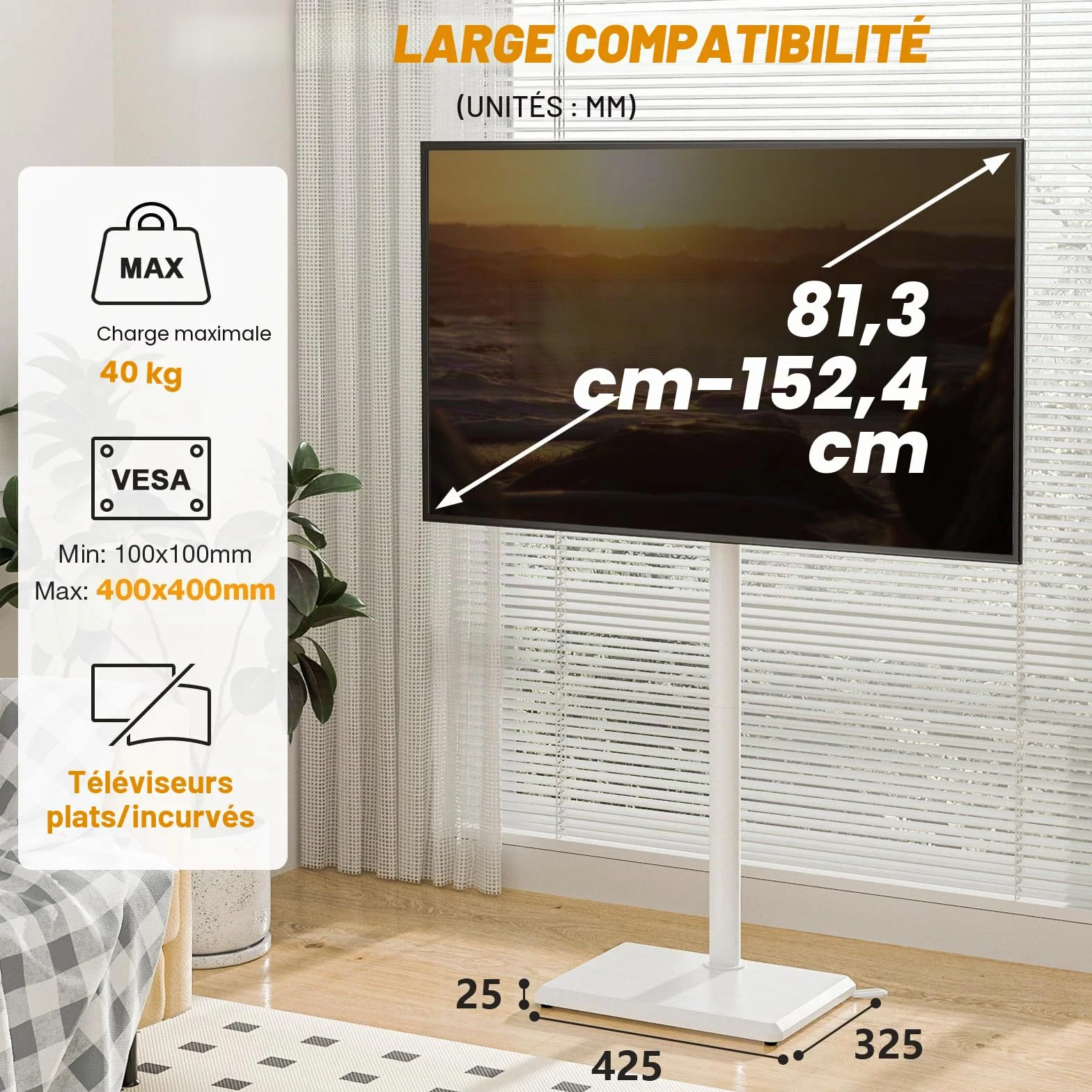TVON Support TV au Sol pour Téléviseurs de 32 à 60 Pouces, Support TV Haut avec Pieds de Support, Support TVs d'angle Slim, Hauteur Réglable, Pivotant, Max VESA 400x400mm jusqu'à 40kg