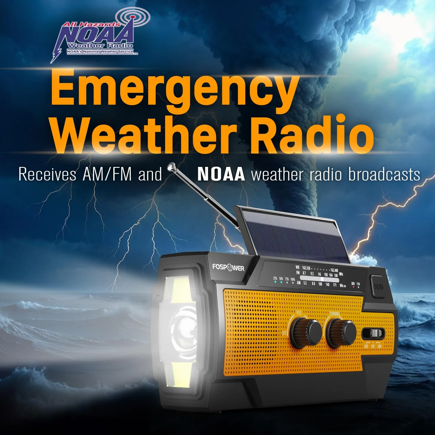 FosPower Radio d'urgence Météo 4000mAh A3 Solaire Manivelle Piles AM/FM Lampe LED Alarme SOS Orange