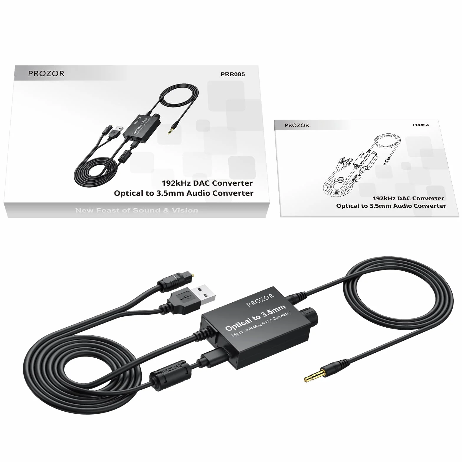 PROZOR Convertisseur SPDIF Optique vers 3.5mm avec Amplificateur Audio 192kHz/24bit Compact Plug and Play pour Casque TV et Enceintes