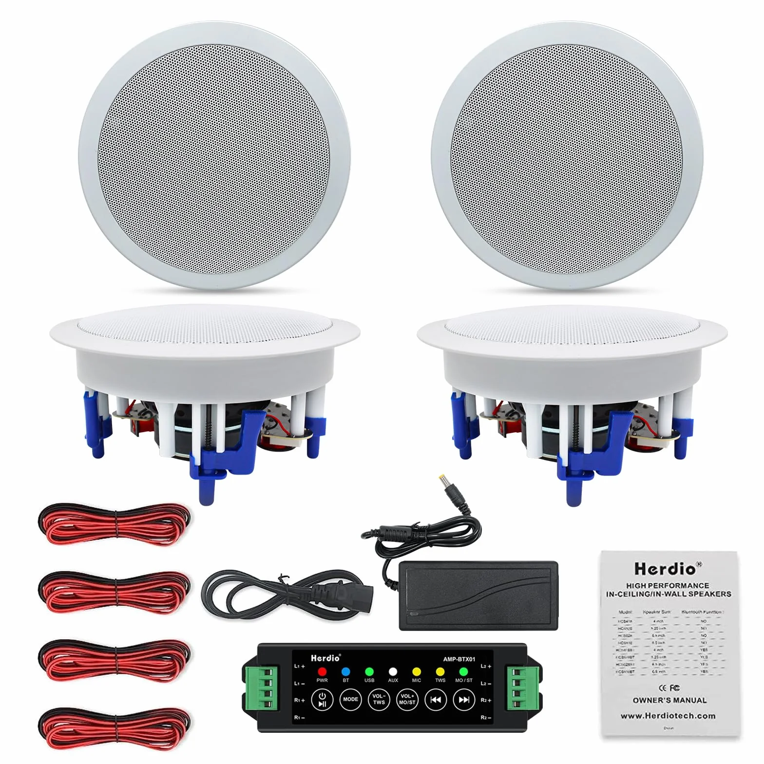 Herdio 5,25 Pouces 600 Watts Bluetooth Enceinte Encastrable Plafond 4 Haut-parleurs