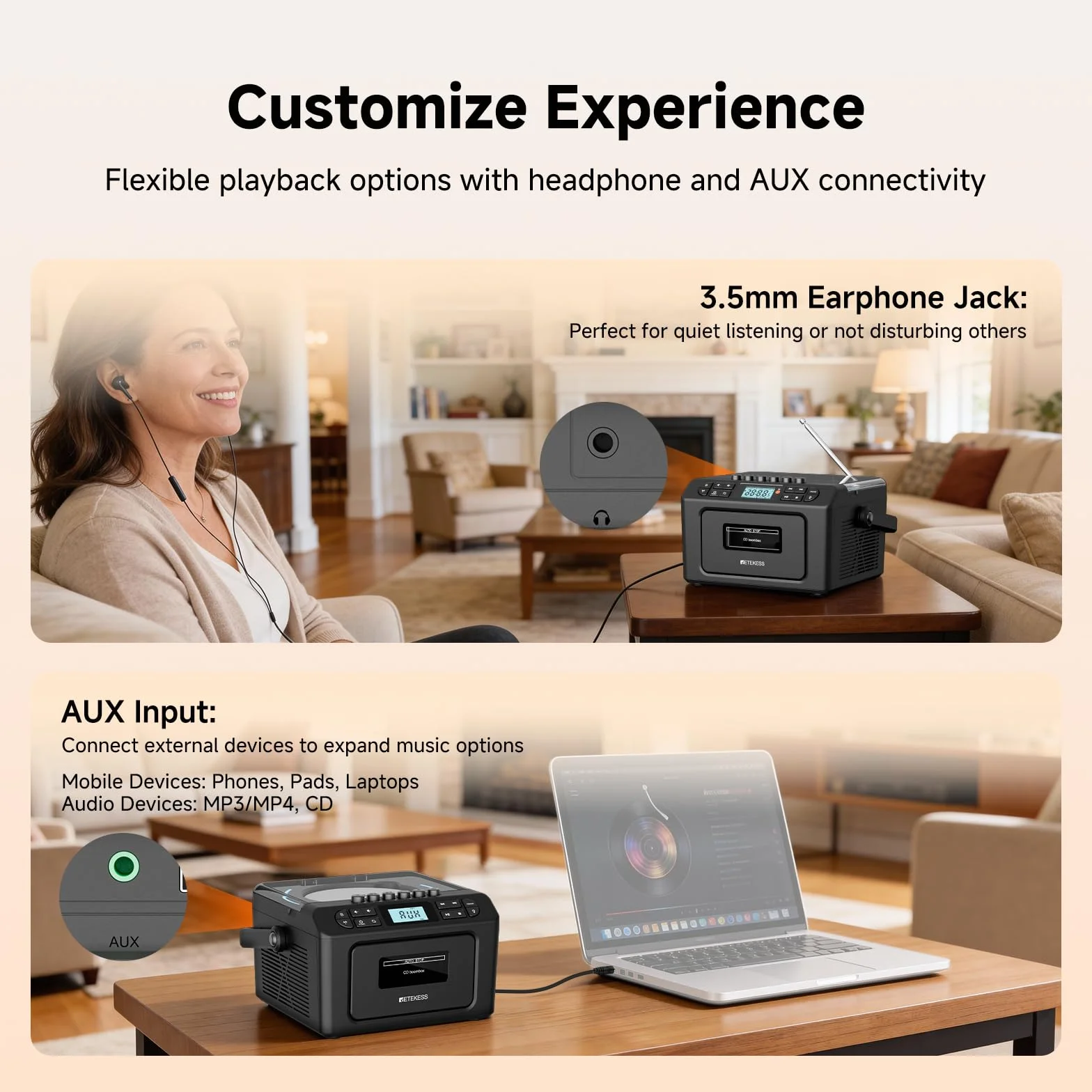 Retekess TR642 Lecteur CD Portable Radio AM FM Cassette Batterie 5000 mAh Boombox Stéréo