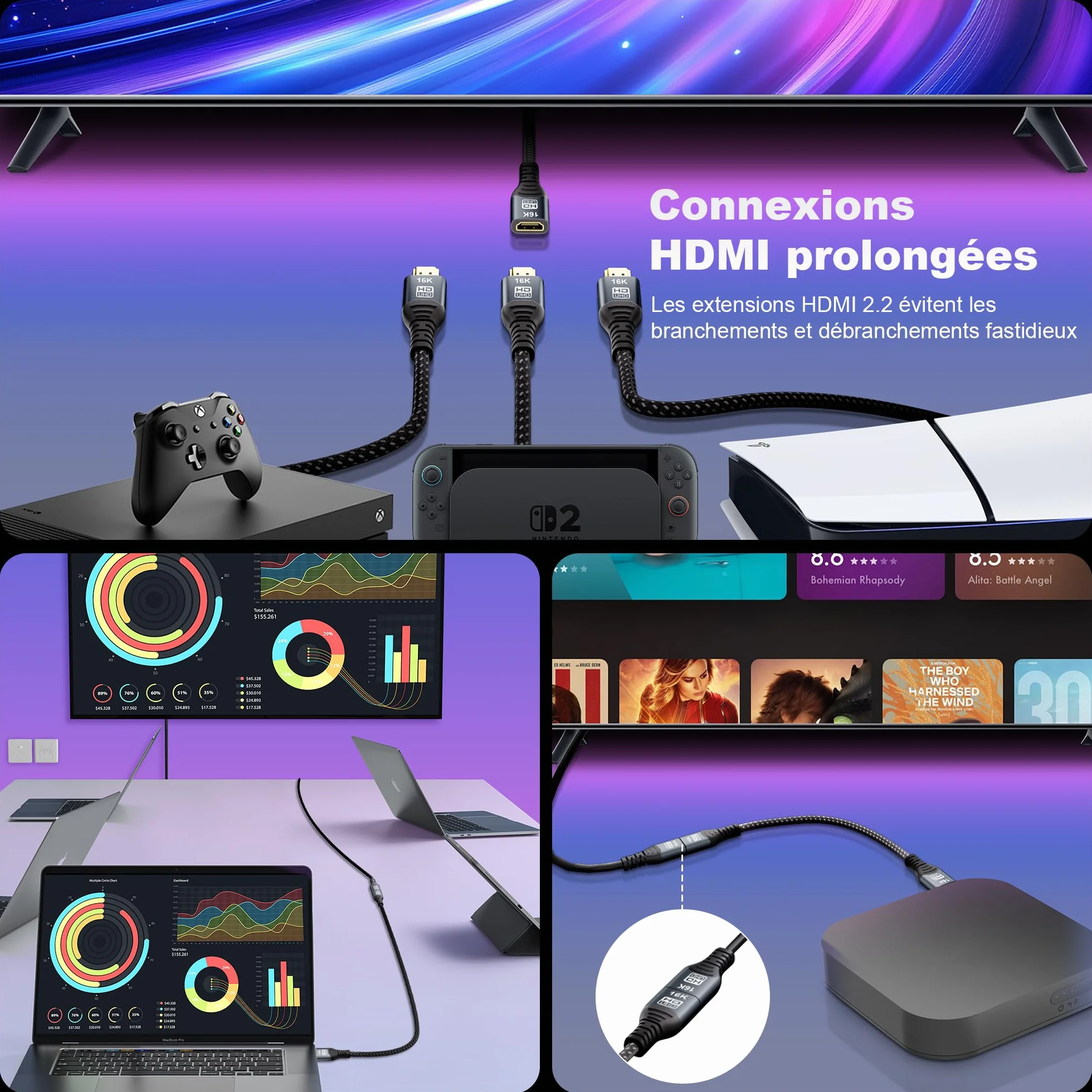 CAKOBLE Câble Prolongateur HDMI 2.2 0.5m, 96Gbps Ultra High Speed,16K@60Hz 8K@240Hz 4K@480Hz,HDMI 2.1,eARC, HDR10+, Dolby Atmos/Vision, HDCP 2.3,Mâle vers Femelle,pour TV PS5 Xbox Moniteur