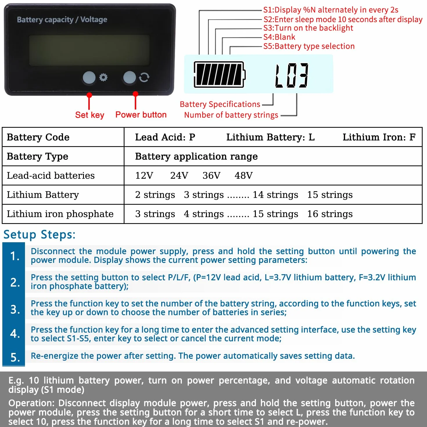 VooGenzek Compteur de Batterie CC, Moniteur de Voltmètre Capacité, Indicateur Batterie Plomb, Écran LCD DC 12V 24V 36V 48V