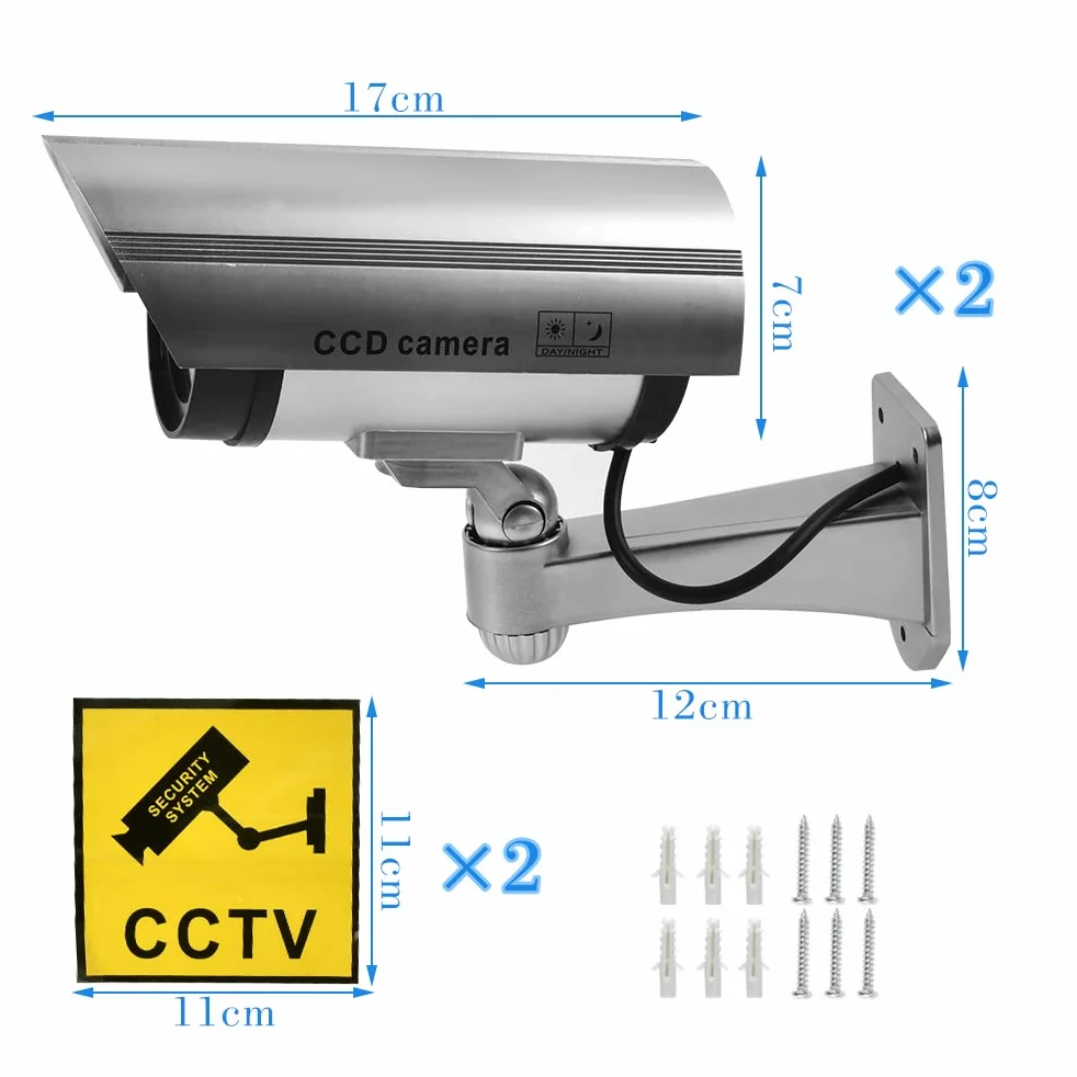 TIMESETL Camera Factice pour Exterieur et Intérieure 2Pcs Caméra Fausse Caméra de Surveillance Caméra Factice avec LED Infrarouge Clignotante Rouge d'avertissement, Caméra Fausse de Sécurit, Argent