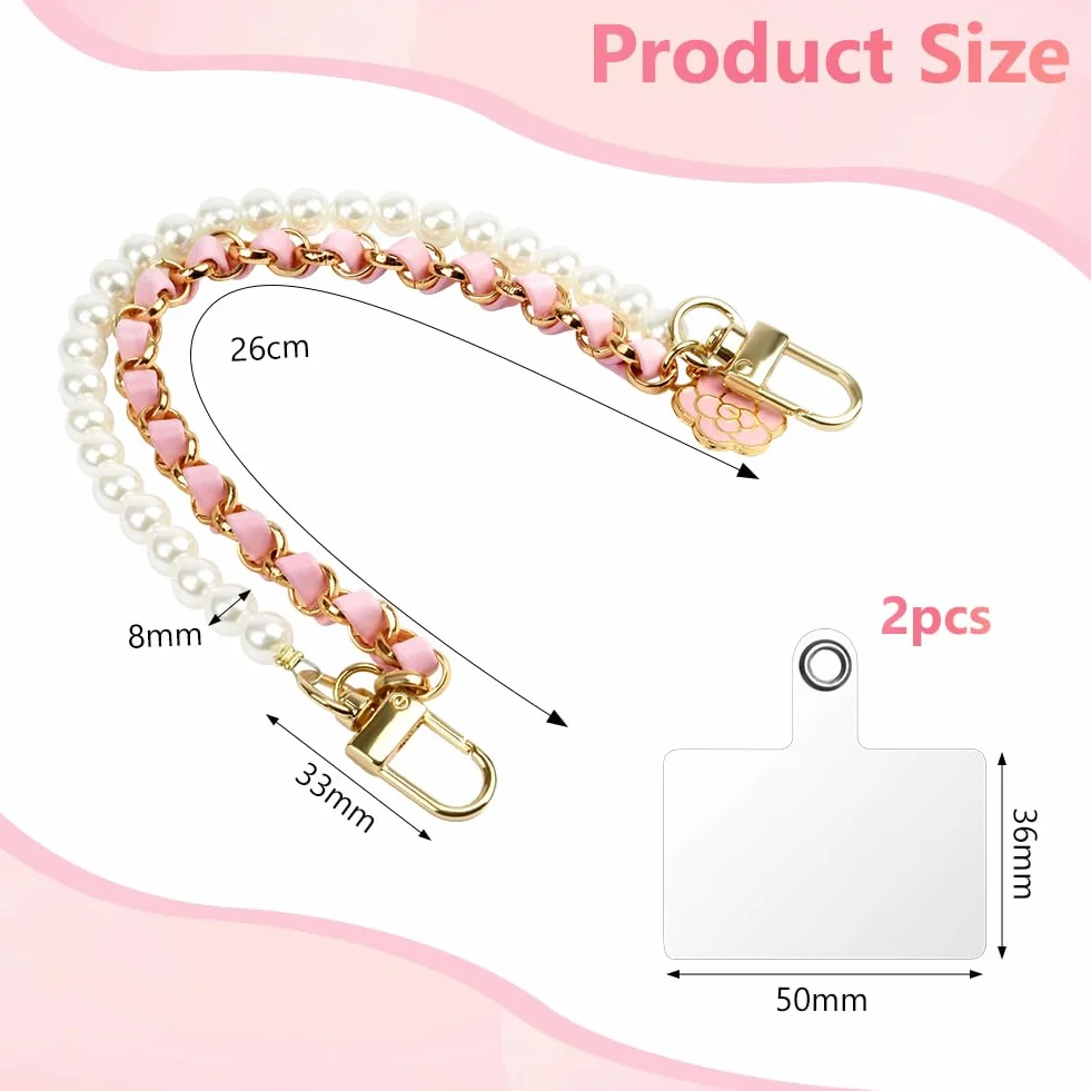 OFFCUP Dragonne de Téléphone, Perle Chaîne Téléphone Portable Charme, Anti-Perte Longe en Cuir Métallique avec Fleur, Bracelet Telephone 2 Patchs Arrière