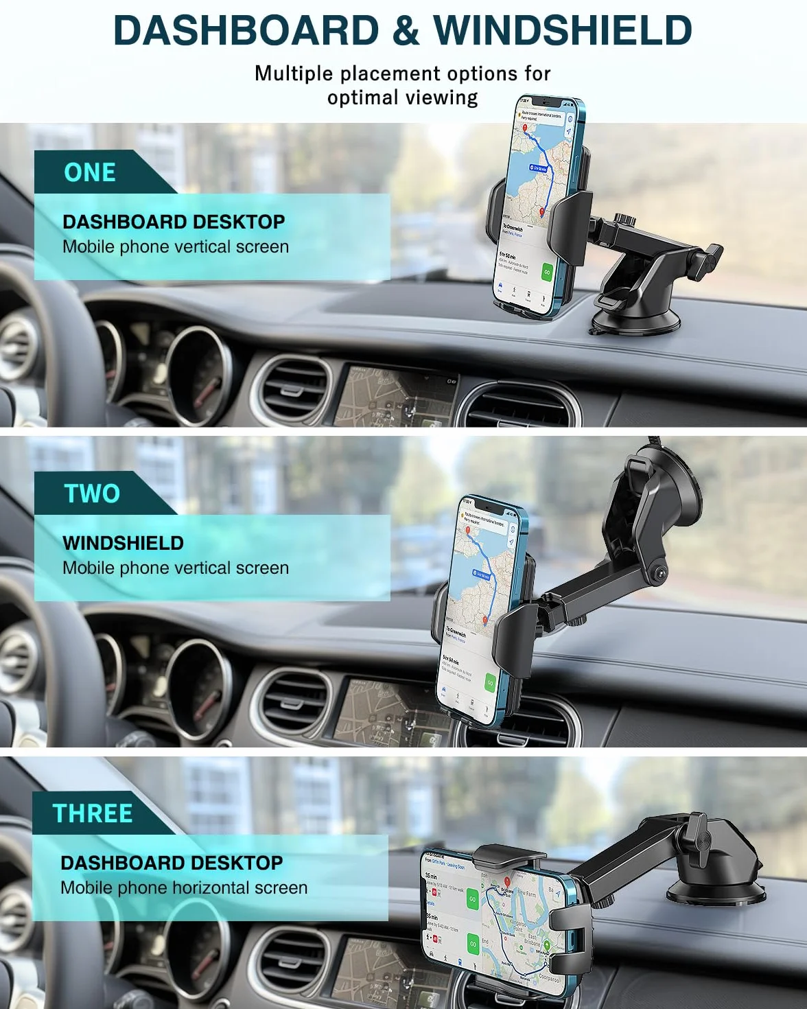 Hoppac Support Telephone Voiture, Porte Téléphone Voiture Tableau de Bord et Voiture Pare-Brise, 360 Degrés Rotation, Un Bouton de Libération, pour 4-7 in Smartphone