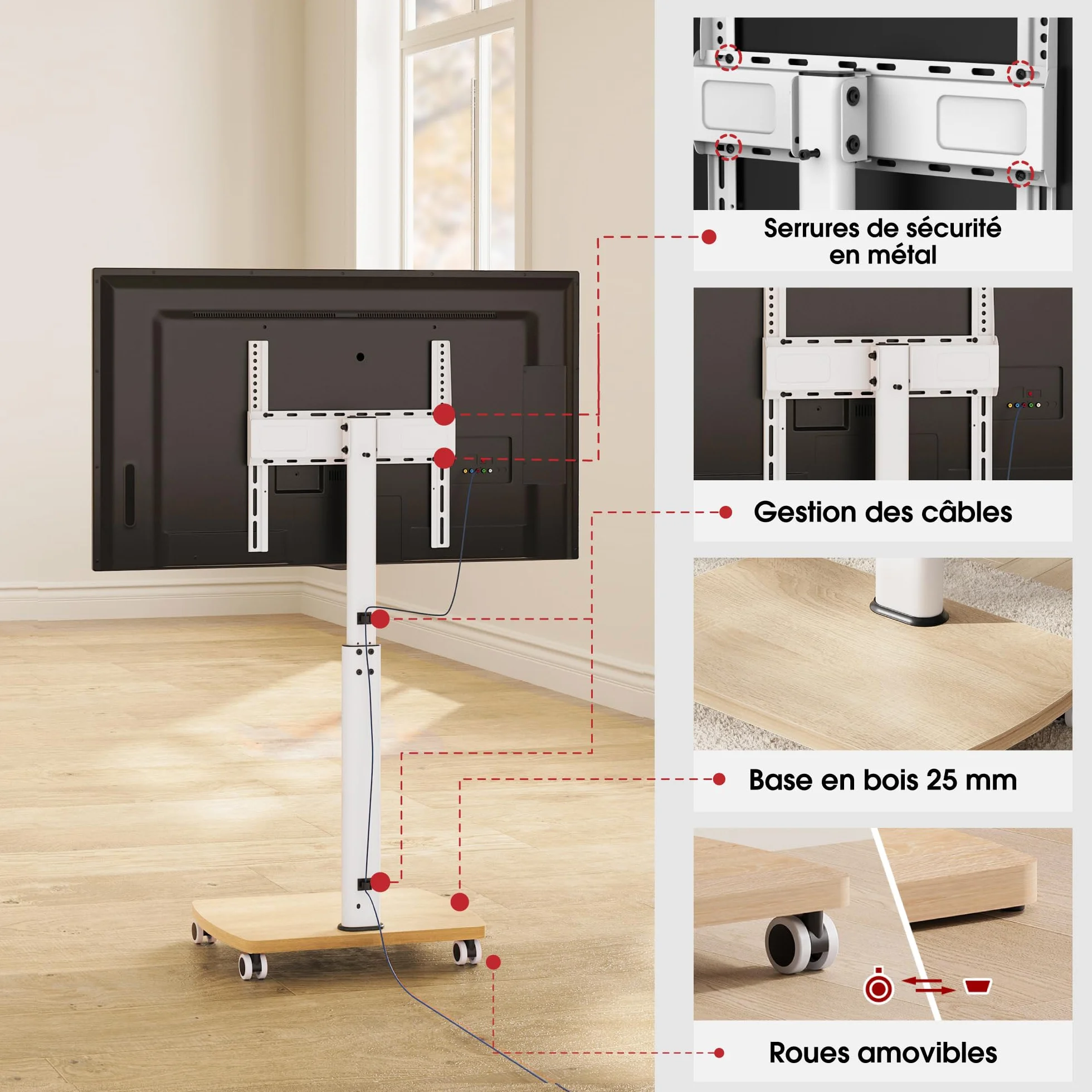 AOKCOS Support TV roulettes pour TV de 32-65 Pouces - Support TV sur Pied Plus Haut 1240 MM-1420 MM Pivotant 60° Inclinaison 12° jusqu'à 40 KG Max. VESA 400x400mm