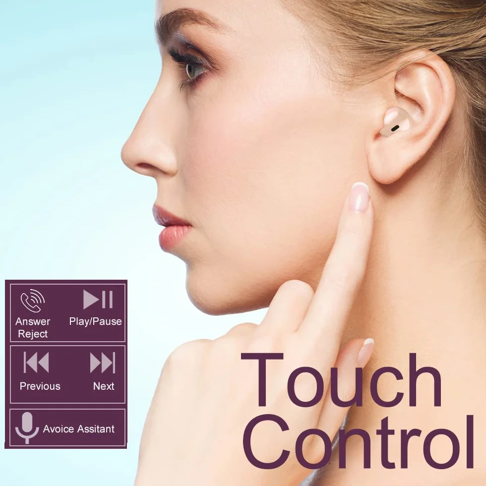 Mini écouteurs sans fil invisibles Bluetooth, petits écouteurs semi-intra-auriculaires pour travail et utilisation quotidienne, contrôle tactile, légers pour la musique et les livres audio