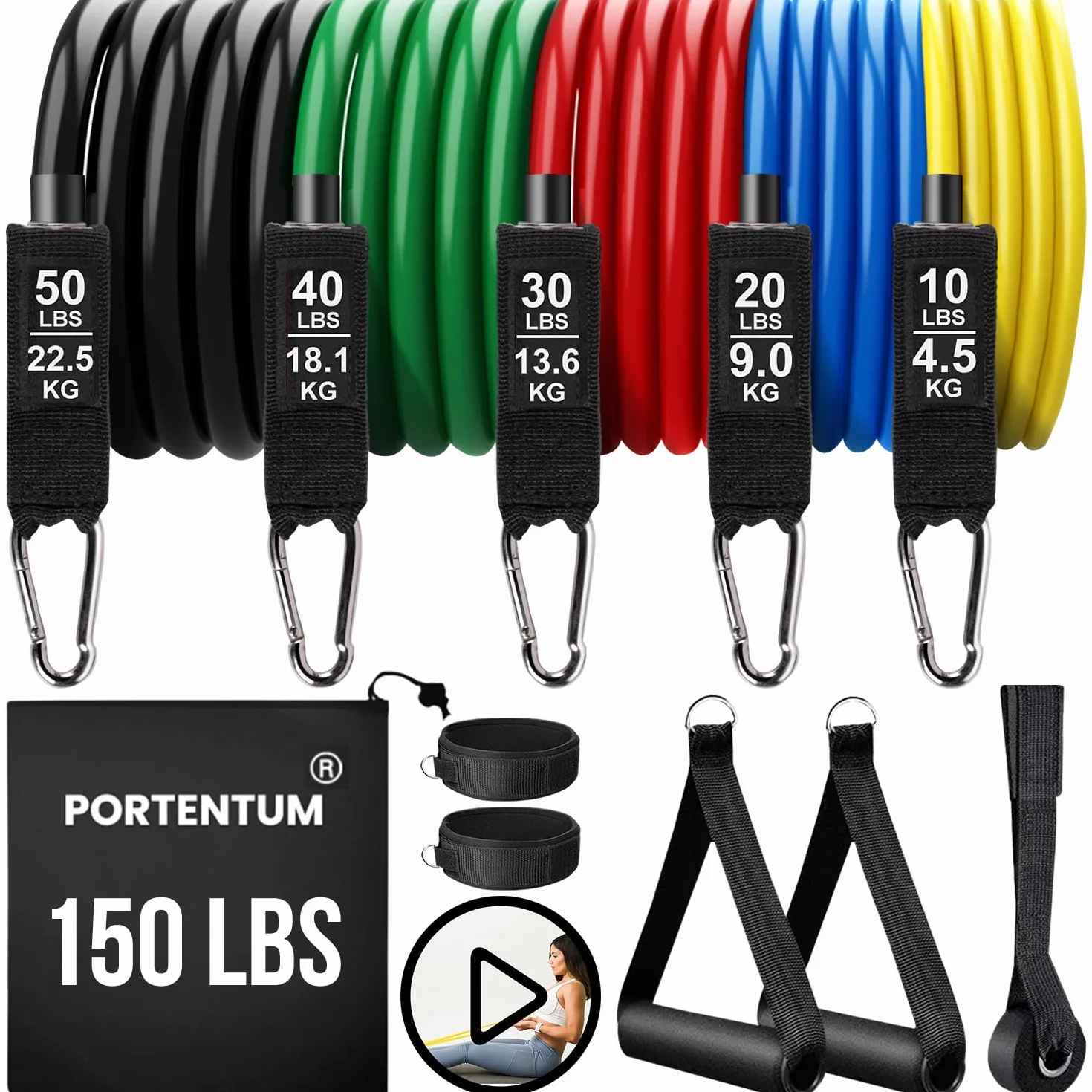 PORTENTUM Elastique Musculation 5 Niveaux 150 lbs (68 kg) Multicolore